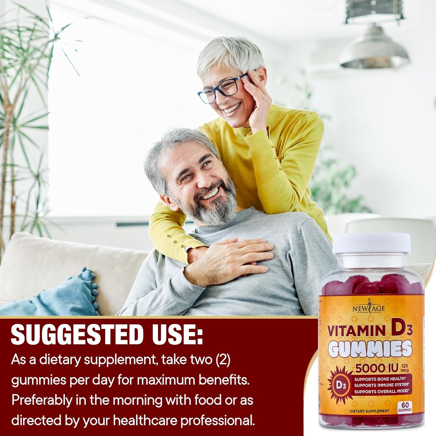 Vitamin D3 Gummies 5000 IU - Immune Support & Bone Health - Non-GMO, Gluten-Free, Dairy-Free - 60 Gummies