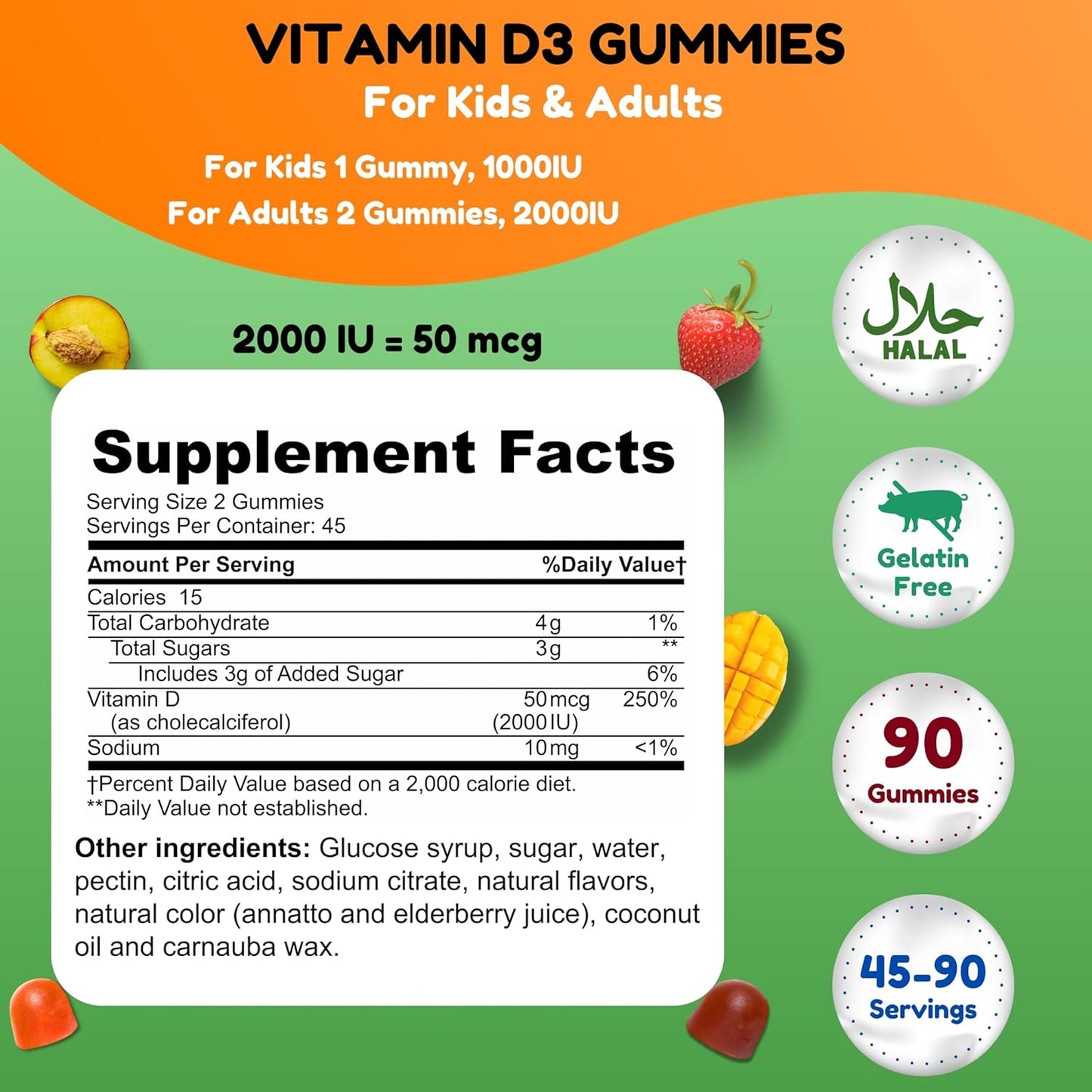 Vitamin D3 Gummies for Adults & Kids | 45-90 Servings, 2,000IU / 1,000IU | Non-GMO, Gluten-Free, Halal | Supports Bones, Muscles & Immune System by SHIFAA NUTRITION