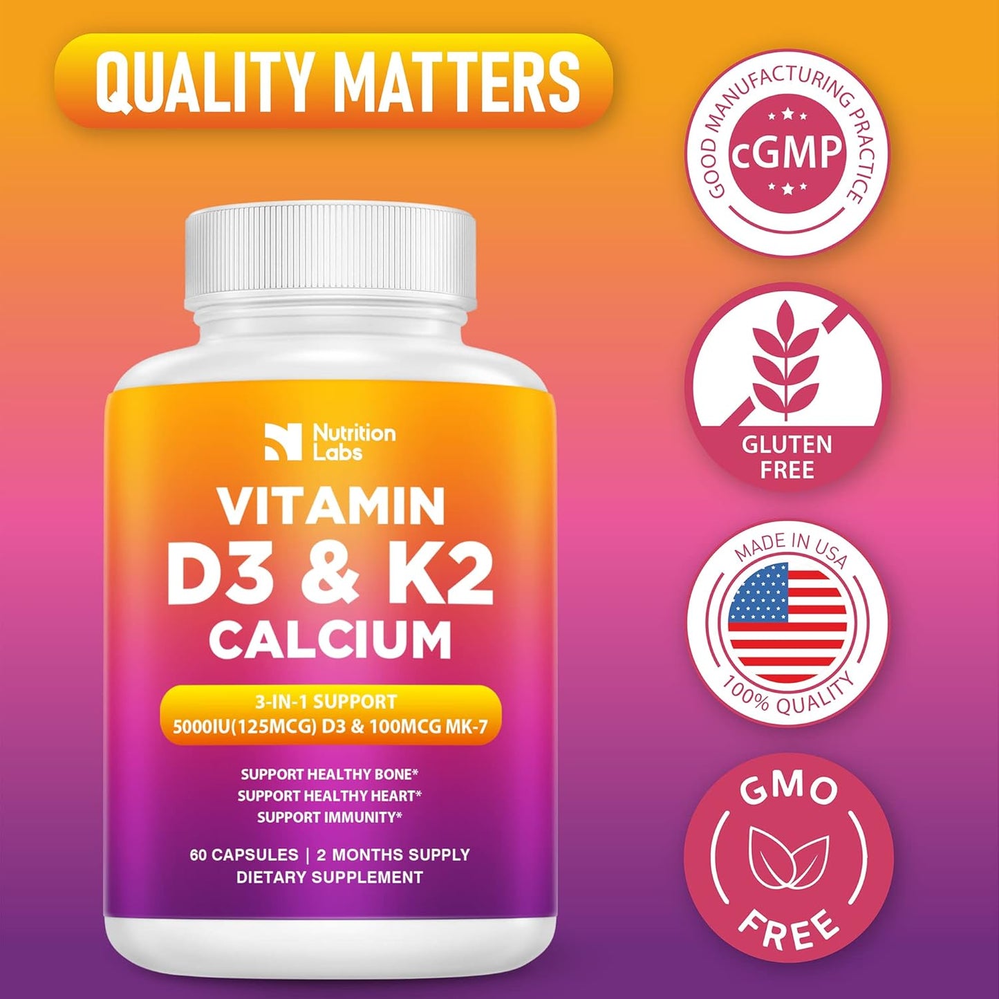 Vitamin D3 K2 5000 IU Supplement with Calcium, Multivitamins for Immune Health, Strong Bones, Teeth & Heart - 60 Count