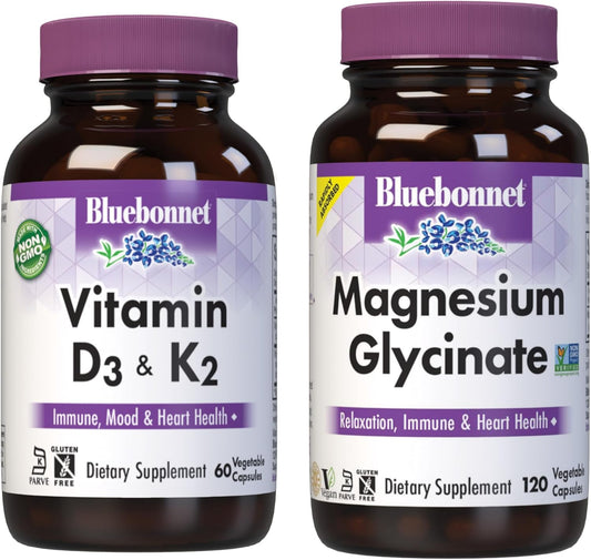 Vitamin D3, K2, and Magnesium Glycinate Capsules Bundle by Bluebonnet Nutrition