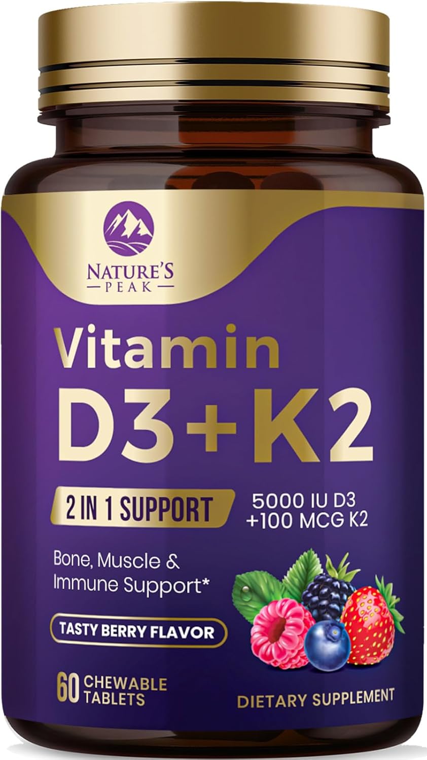 Vitamin D3 K2 Chewable Tablets for Bone, Heart & Immune Health - 5000iu D3 & 100 mcg MK-7 K2 per Tablet - Supports Calcium Absorption - Gluten Free & Non-GMO - 60 Servings