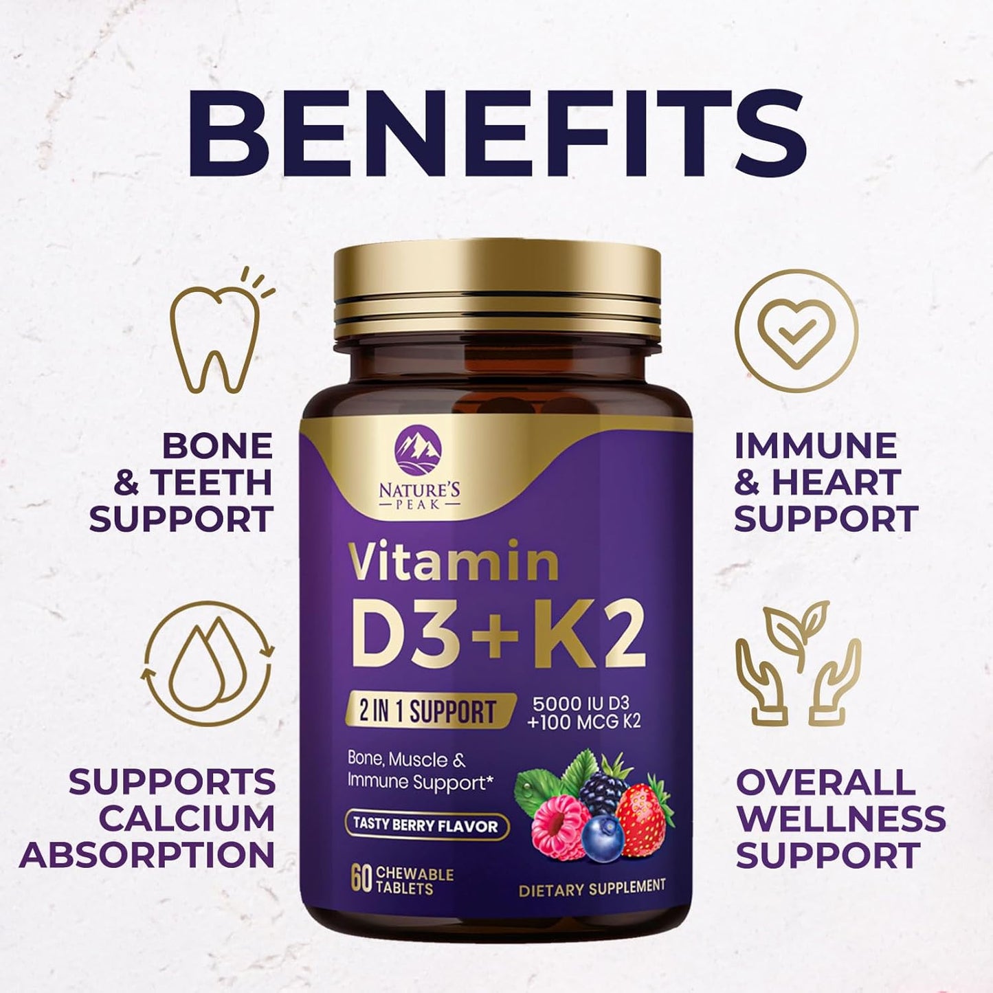 Vitamin D3 K2 Chewable Tablets for Bone, Heart & Immune Health - 5000iu D3 & 100 mcg MK-7 K2 per Tablet - Supports Calcium Absorption - Gluten Free & Non-GMO - 60 Servings