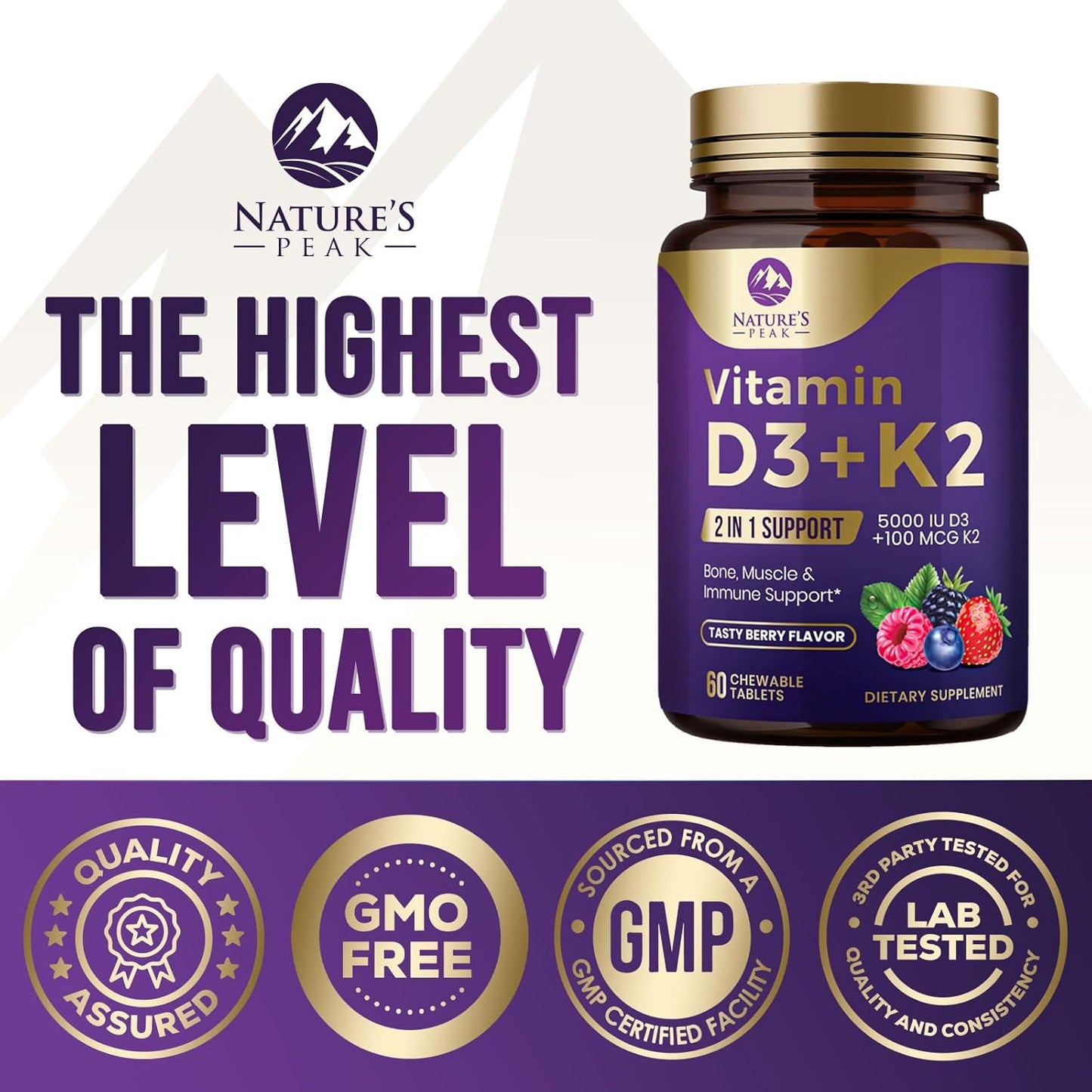 Vitamin D3 K2 Chewable Tablets for Bone, Heart & Immune Health - 5000iu D3 & 100 mcg MK-7 K2 per Tablet - Supports Calcium Absorption - Gluten Free & Non-GMO - 60 Servings