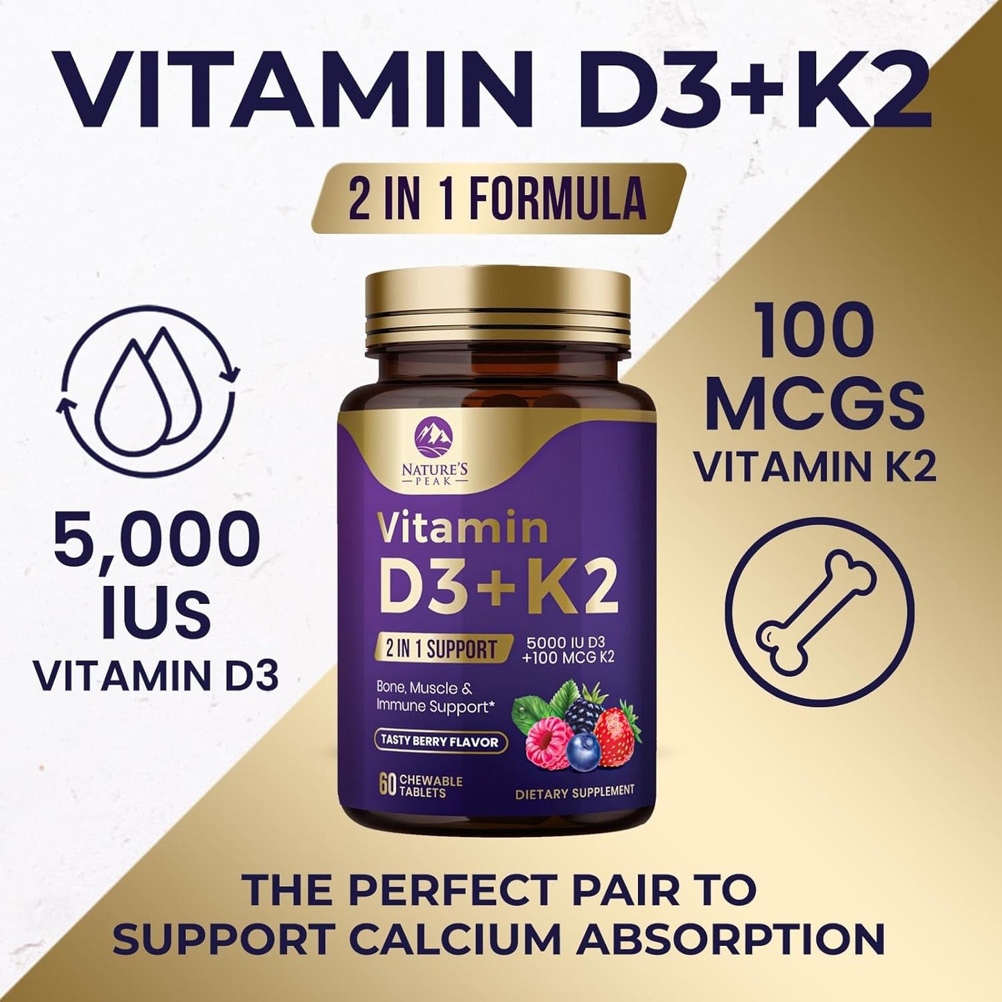 Vitamin D3 K2 Chewable Tablets for Bone, Heart & Immune Health - 5000iu D3 & 100 mcg MK-7 K2 per Tablet - Supports Calcium Absorption - Gluten Free & Non-GMO - 60 Servings