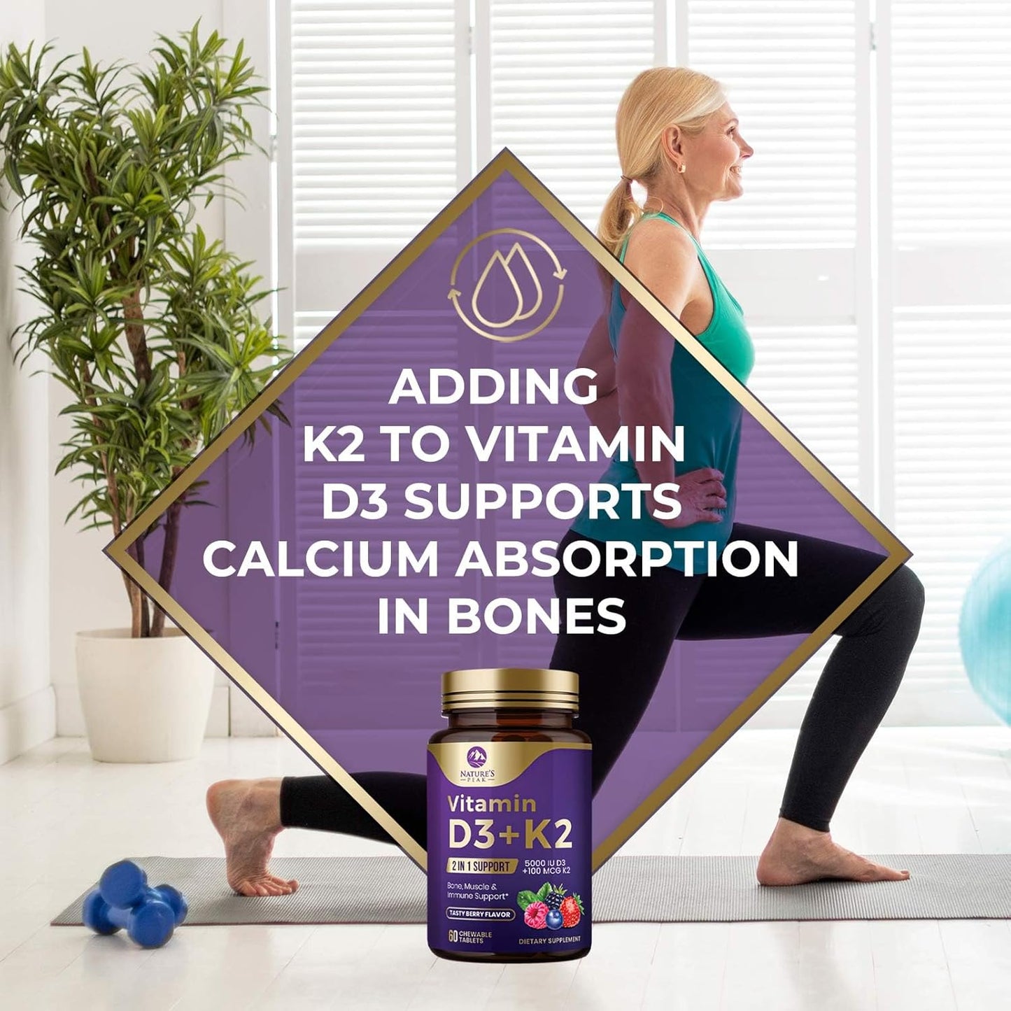 Vitamin D3 K2 Chewable Tablets for Bone, Heart & Immune Health - 5000iu D3 & 100 mcg MK-7 K2 per Tablet - Supports Calcium Absorption - Gluten Free & Non-GMO - 60 Servings
