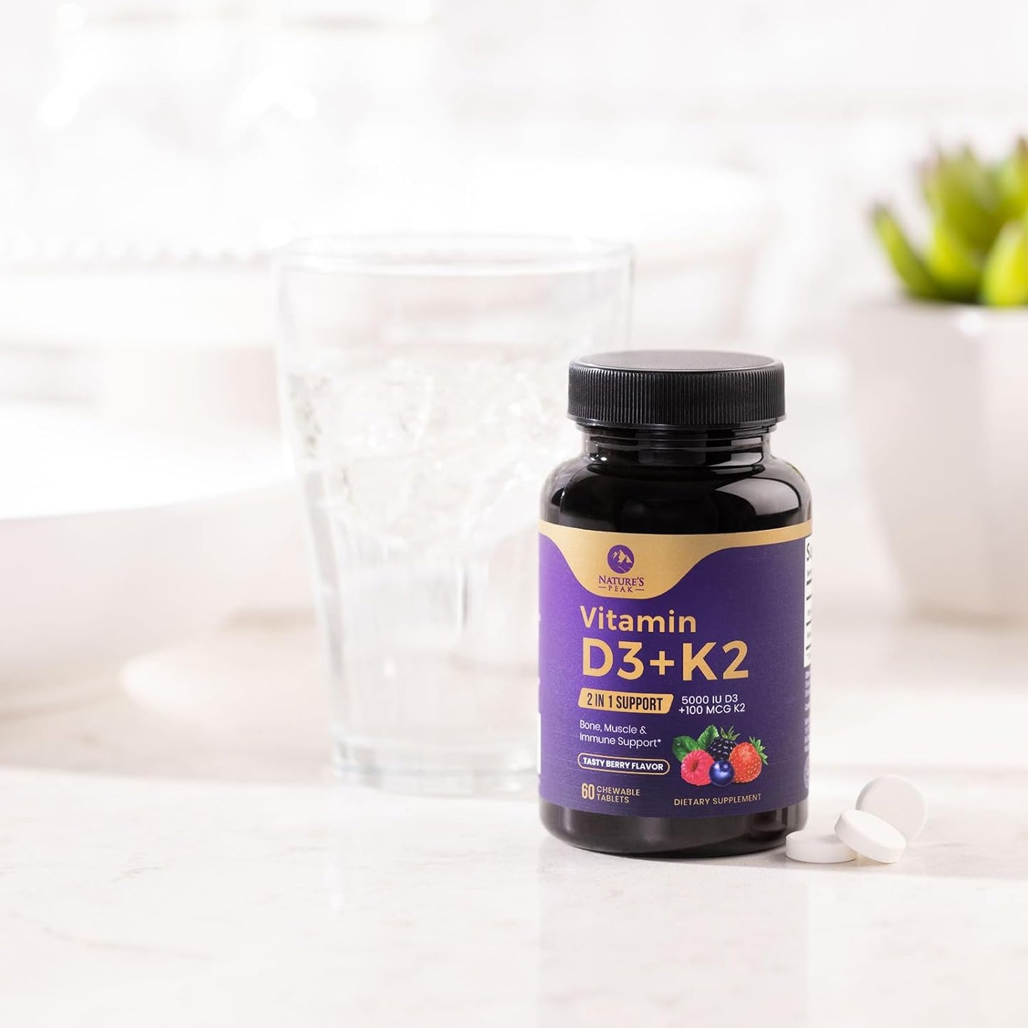 Vitamin D3 K2 Chewable Tablets for Bone, Heart & Immune Health - 5000iu D3 & 100 mcg MK-7 K2 per Tablet - Supports Calcium Absorption - Gluten Free & Non-GMO - 60 Servings