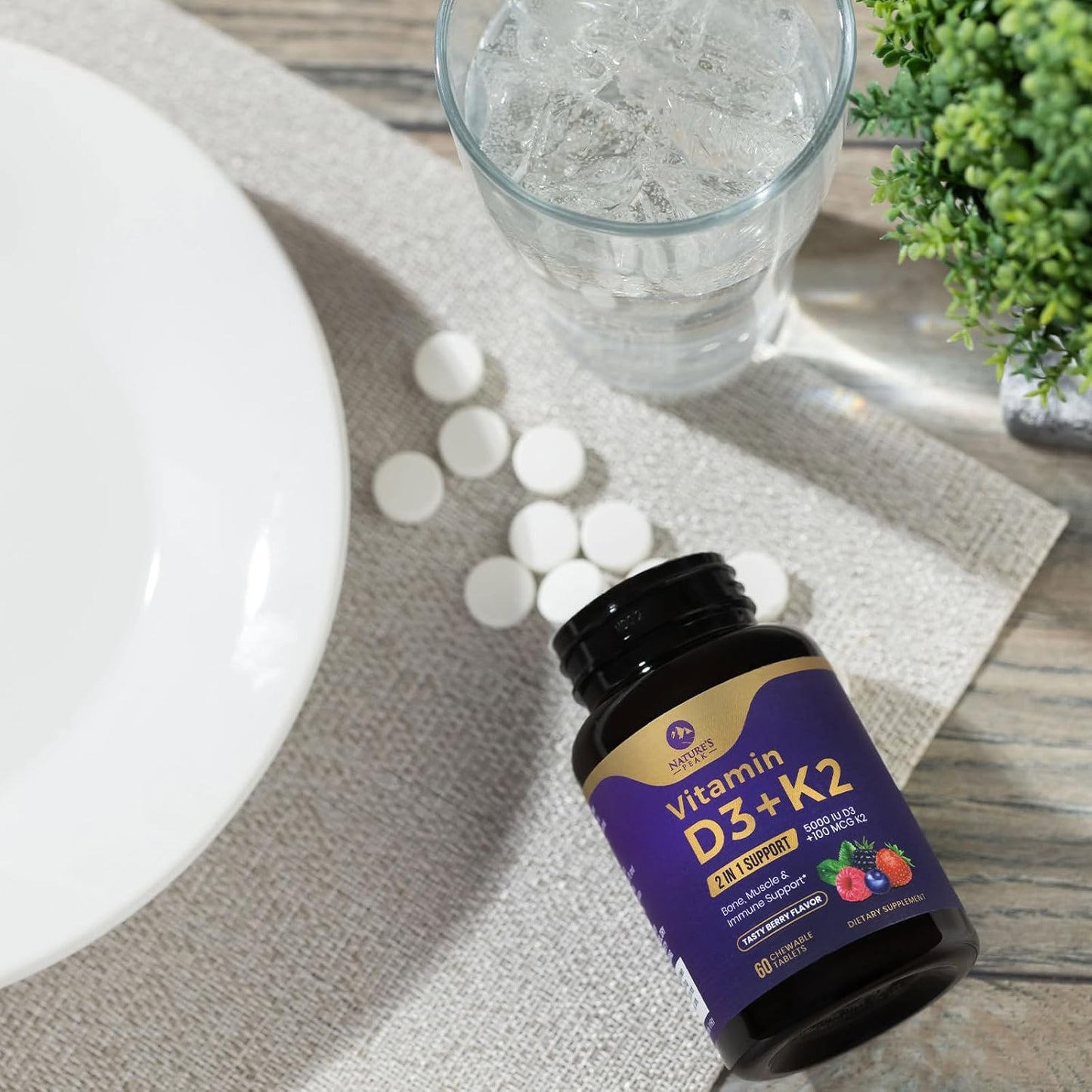 Vitamin D3 K2 Chewable Tablets for Bone, Heart & Immune Health - 5000iu D3 & 100 mcg MK-7 K2 per Tablet - Supports Calcium Absorption - Gluten Free & Non-GMO - 60 Servings