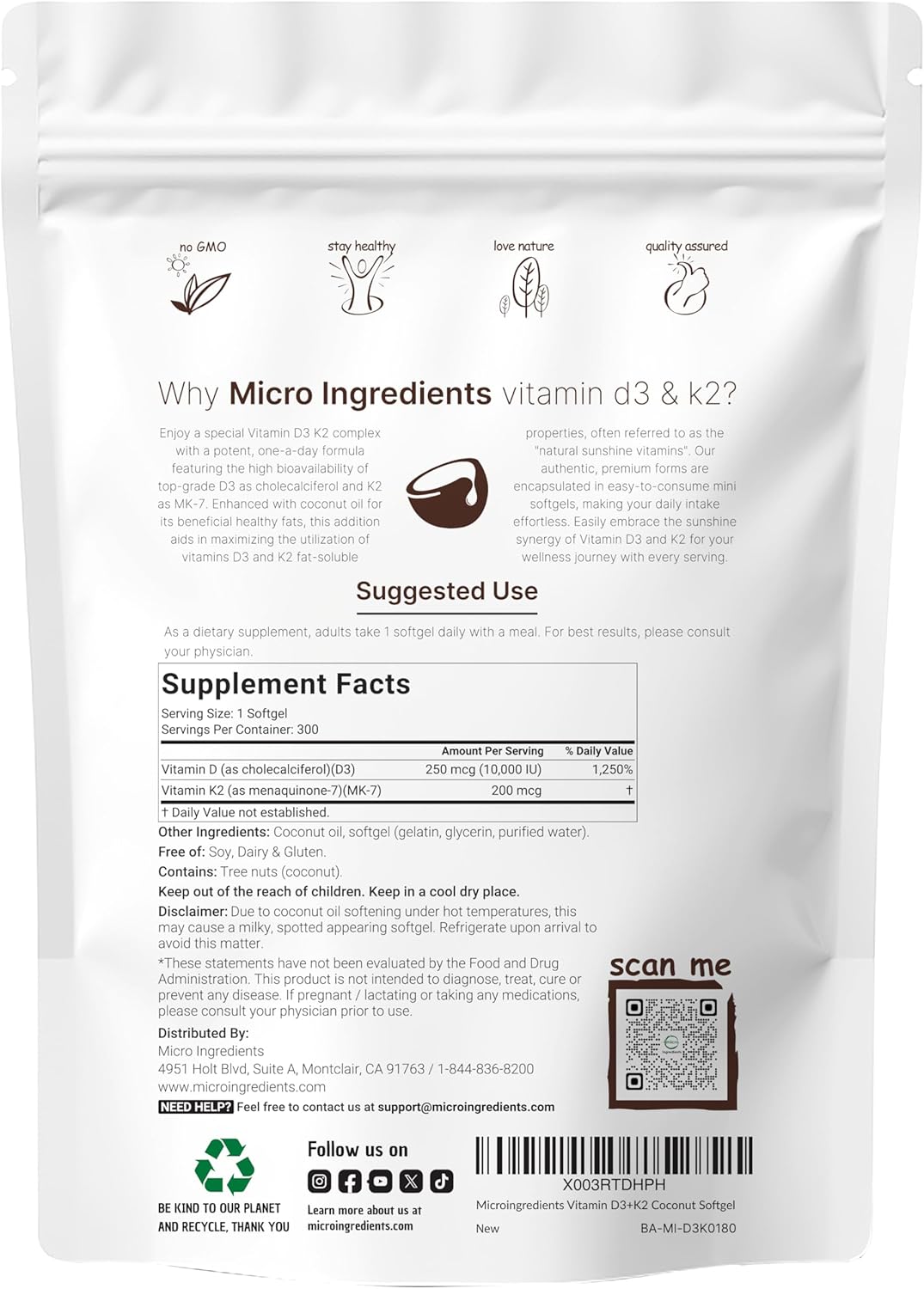 Vitamin D3 & K2 Coconut Oil Softgels with Inositol Powder Bundle - 2 Pack for Women | Essential Sunshine Vitamins & Supplement
