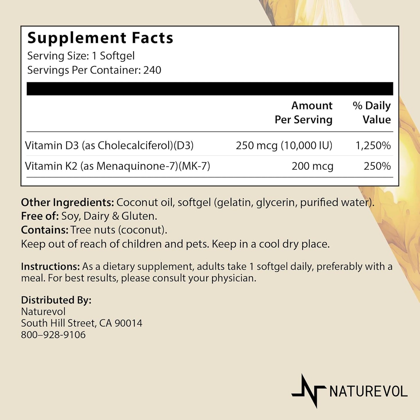 Vitamin D3 & K2 Complex with Coconut MCT Oil | 10000 IU D3 & 200 mcg K2 for Muscle & Immune Health | Easy to Swallow Mini Softgels - Soy & Gluten Free (240 Servings)