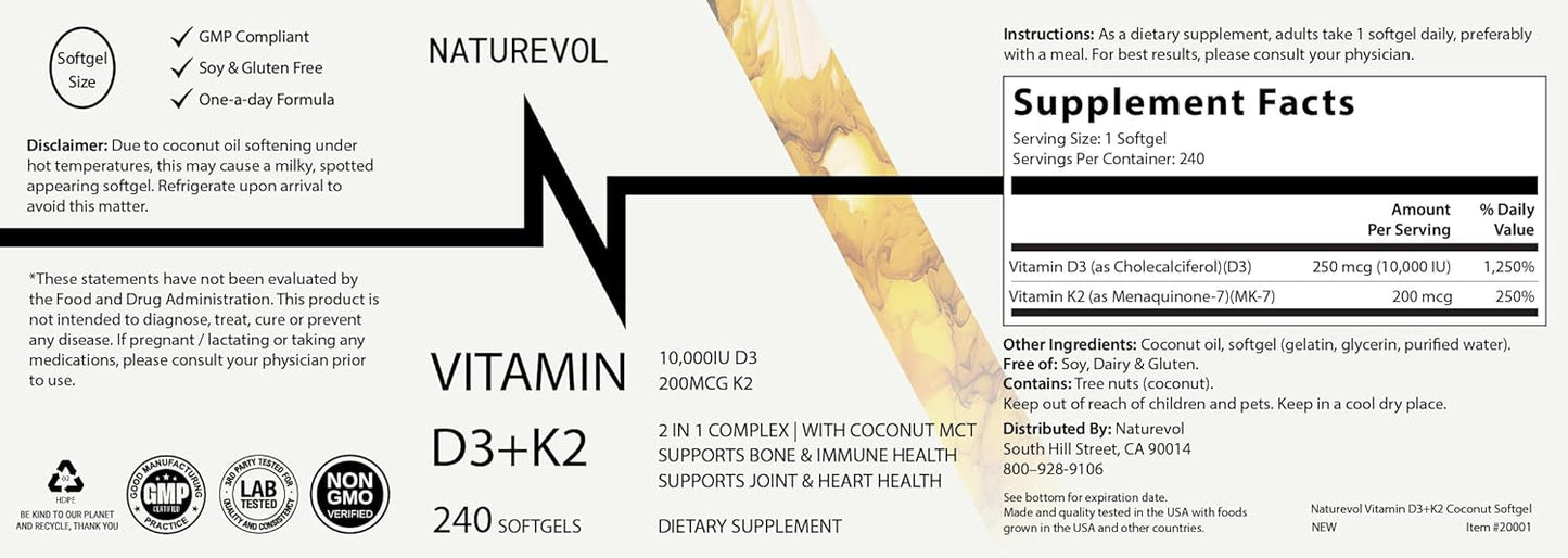 Vitamin D3 & K2 Complex with Coconut MCT Oil | 10000 IU D3 & 200 mcg K2 for Muscle & Immune Health | Easy to Swallow Mini Softgels - Soy & Gluten Free (240 Servings)