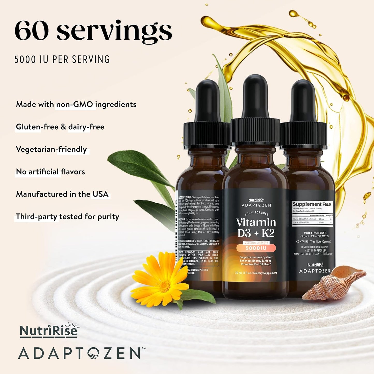 Vitamin D3 K2 Drops 5000 IU with MCT Oil: Immunity & Energy Support, Joint Comfort, Liquid Formula for Men & Women, Vegetarian, Gluten Free