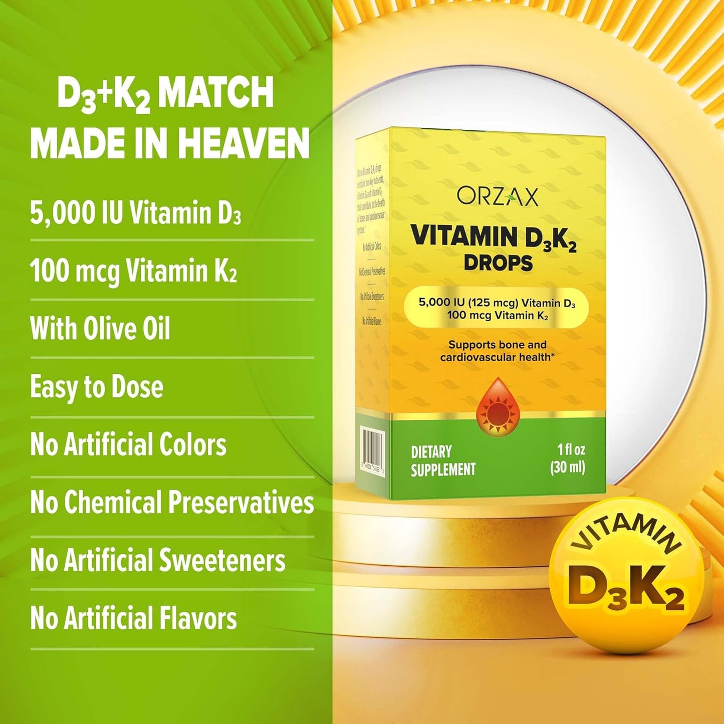 Vitamin D3 K2 Drops for Bone, Muscle, and Heart Health - Supports Bone Density and Calcium Absorption - 1fl oz