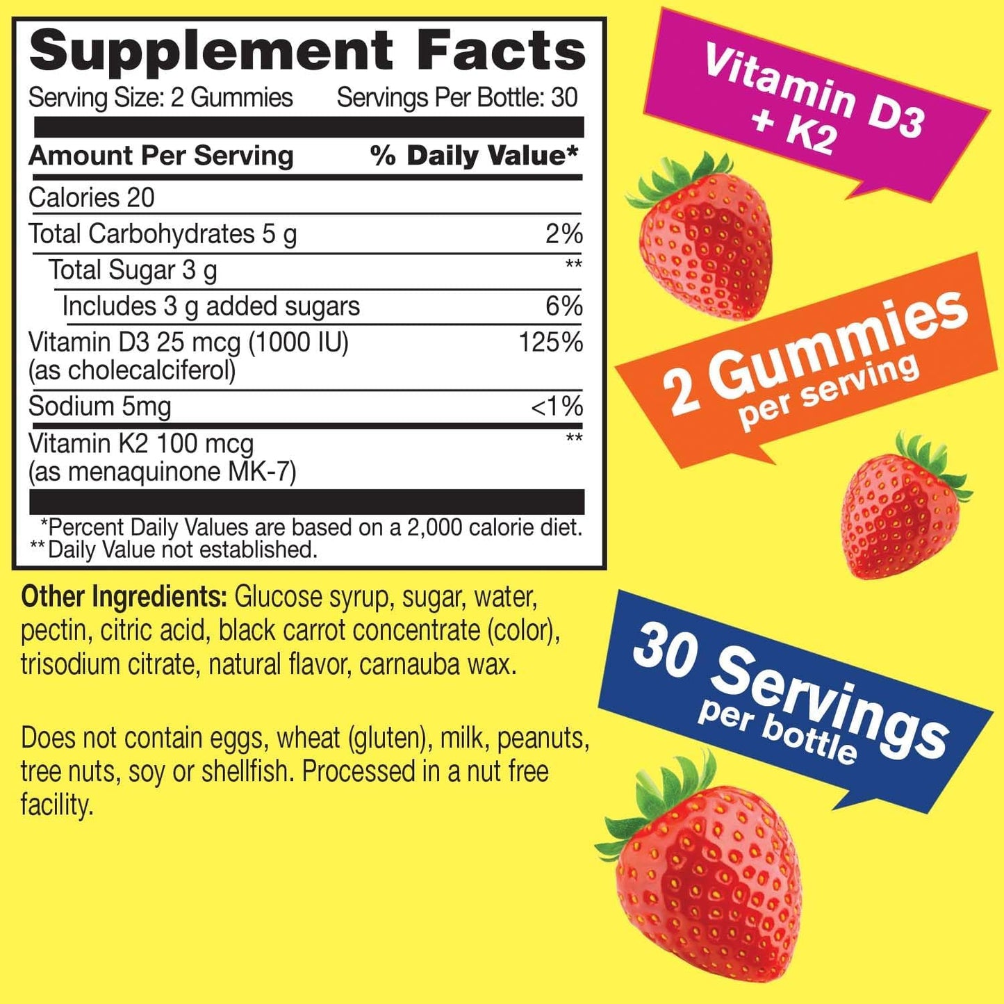 Vitamin D3 + K2 Gummies - 1000 IU D3, 100 MCG K2 - Bone & Muscle Health, Natural Flavors, GMO-Free, Gluten-Free, Vegan - 60 Gummies