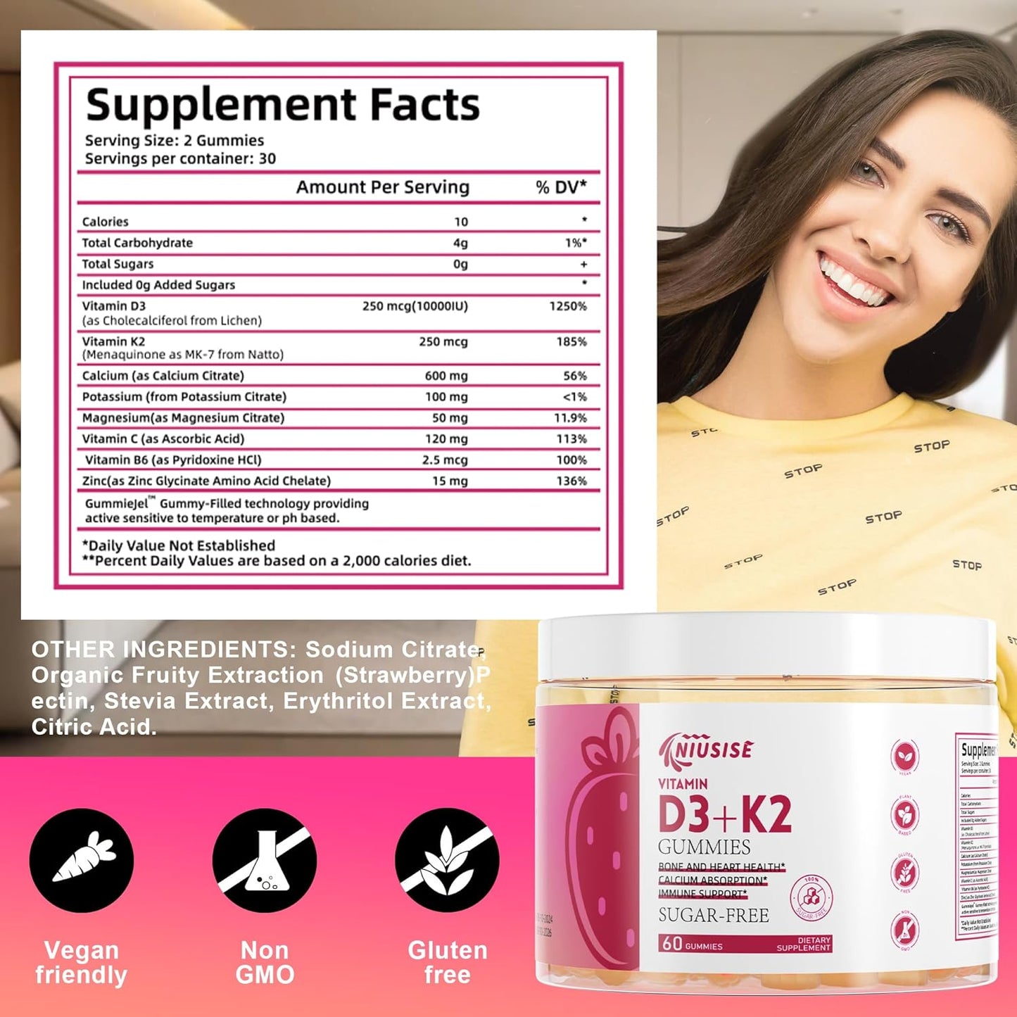 Vitamin D3 + K2 Gummies 10000 IU + 250 mcg Supports Bone & Heart Health - Non-GMO, 60 Sugar-Free Gummies for Adults