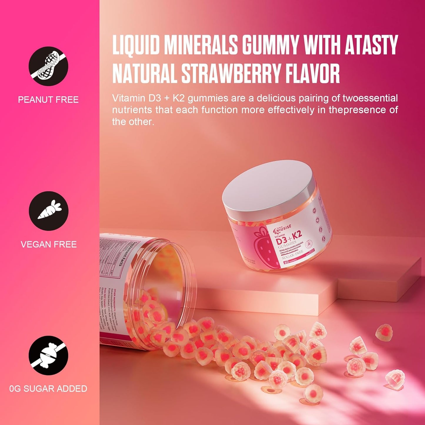 Vitamin D3 + K2 Gummies 10000 IU + 250 mcg Supports Bone & Heart Health - Non-GMO, 60 Sugar-Free Gummies for Adults