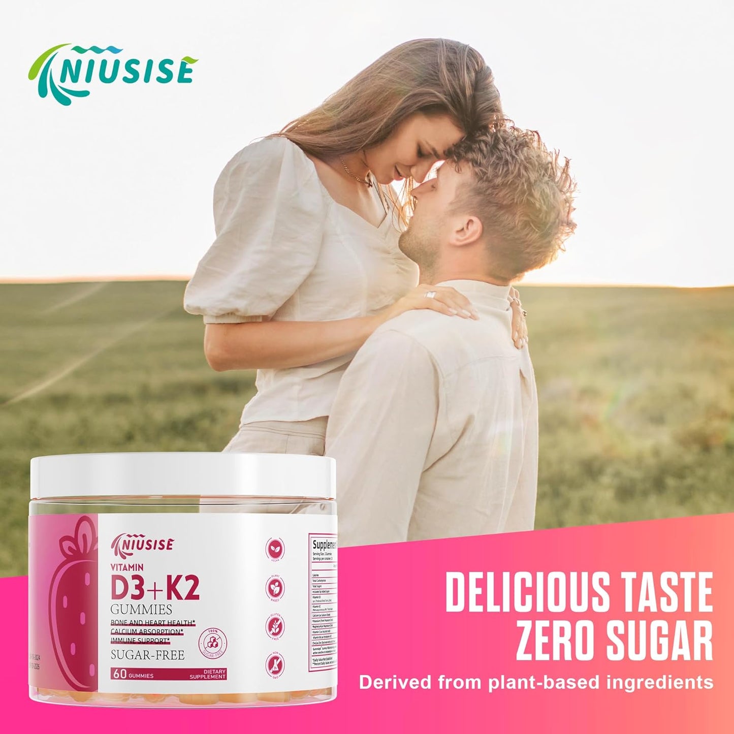 Vitamin D3 + K2 Gummies 10000 IU + 250 mcg Supports Bone & Heart Health - Non-GMO, 60 Sugar-Free Gummies for Adults