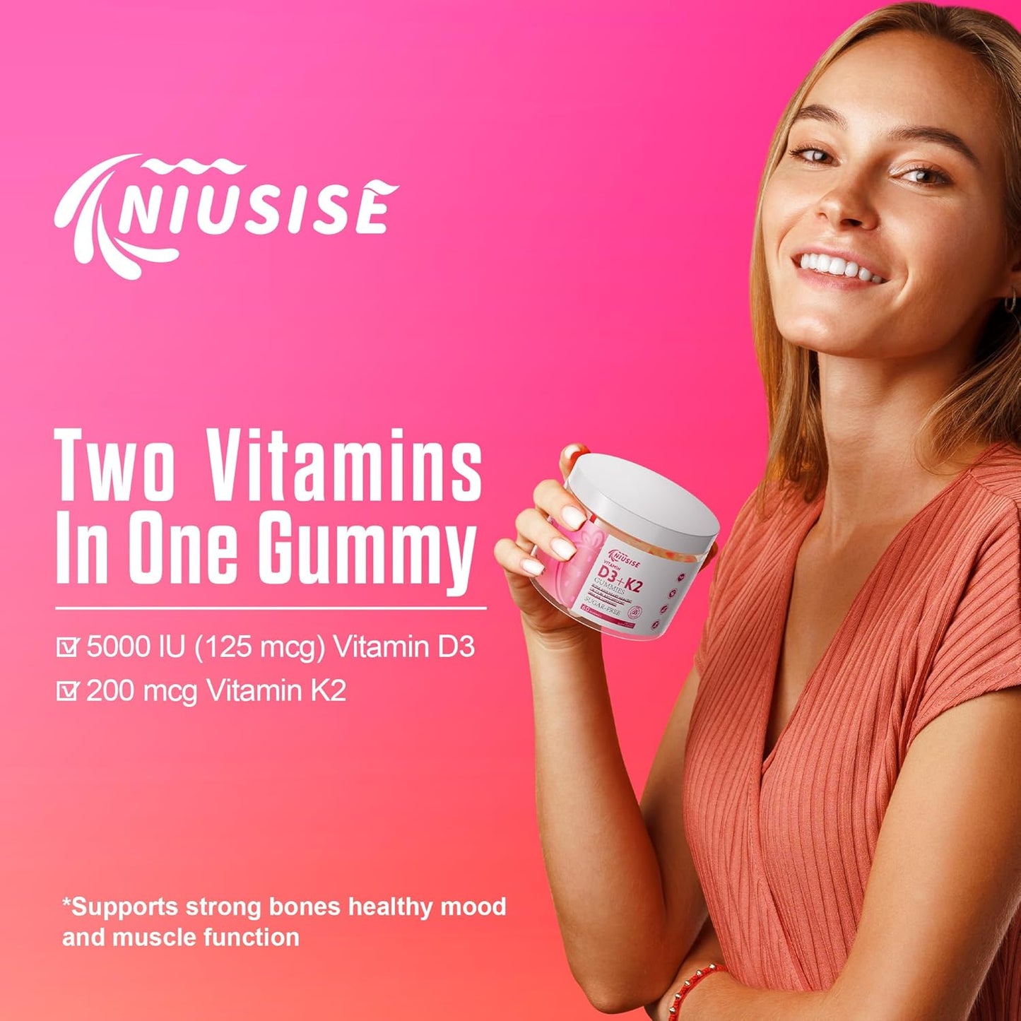 Vitamin D3 + K2 Gummies 10000 IU + 250 mcg Supports Bone & Heart Health - Non-GMO, 60 Sugar-Free Gummies for Adults