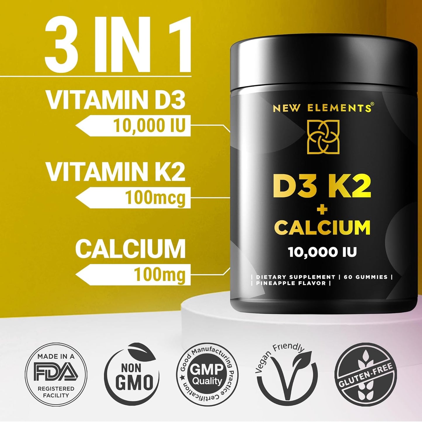 Vitamin D3 K2 Gummies 10000 IU with Calcium 100mg for Adults & Kids - Bone Health & Strong Teeth - Immunity Support 2000IU - Mk7 Vitamin K2 100mcg