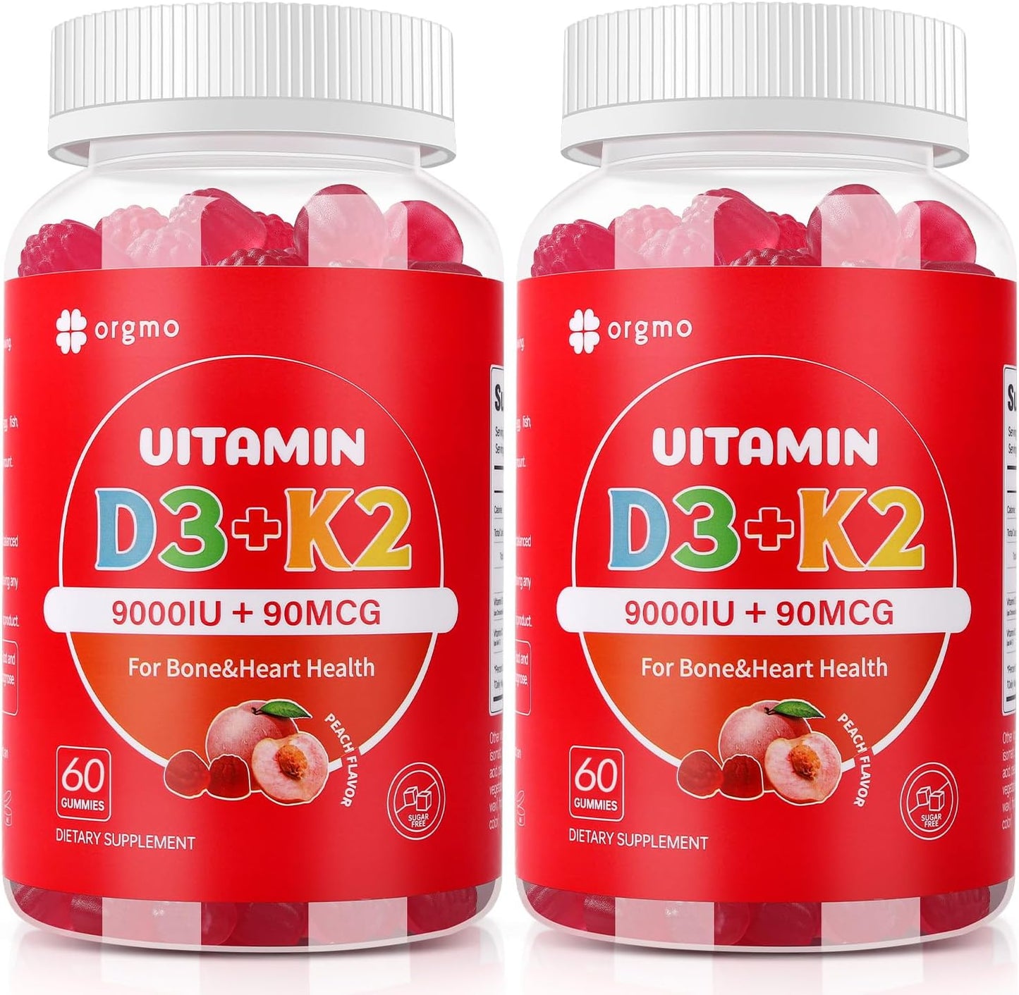 Vitamin D3 K2 Gummies 9000IU for Women Adults - Muscle, Teeth, Immune Support - Sugar Free - 120 Count - Peach Flavor