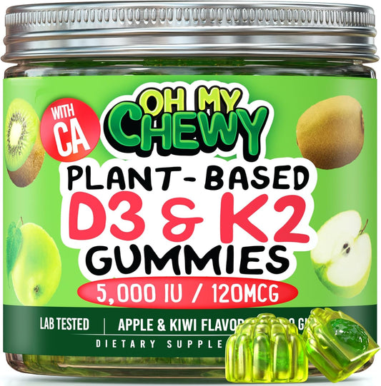 Vitamin D3 K2 Gummies for Healthy Teeth, Bone & Immunity - Center-Filled, Chewy Formula for Kids, Teens & Adults - 5000 IU D3, 120 mcg K2(MK-7), 120 mg Calcium - Vegan & Non-GMO - 60 Count