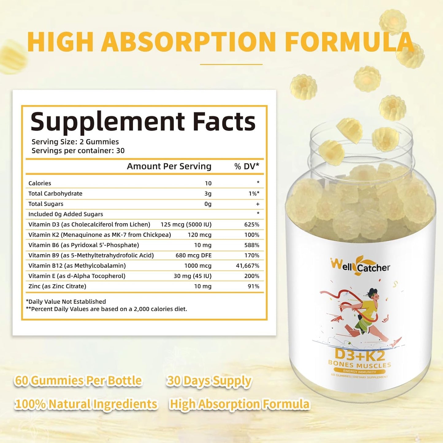 Vitamin D3 K2 Gummies with Vitamin B Complex for Bone Strength - Mango Flavor, 120mcg K2 (MK-7), 5000IU D3, Sugar Free - 60 Counts x 2 Packs for Adults & Kids