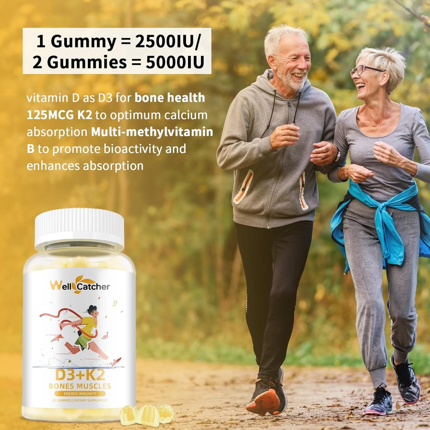 Vitamin D3 K2 Gummies with Vitamin B Complex for Bone Strength - Mango Flavor, 120mcg K2 (MK-7), 5000IU D3, Sugar Free - 60 Counts x 2 Packs for Adults & Kids