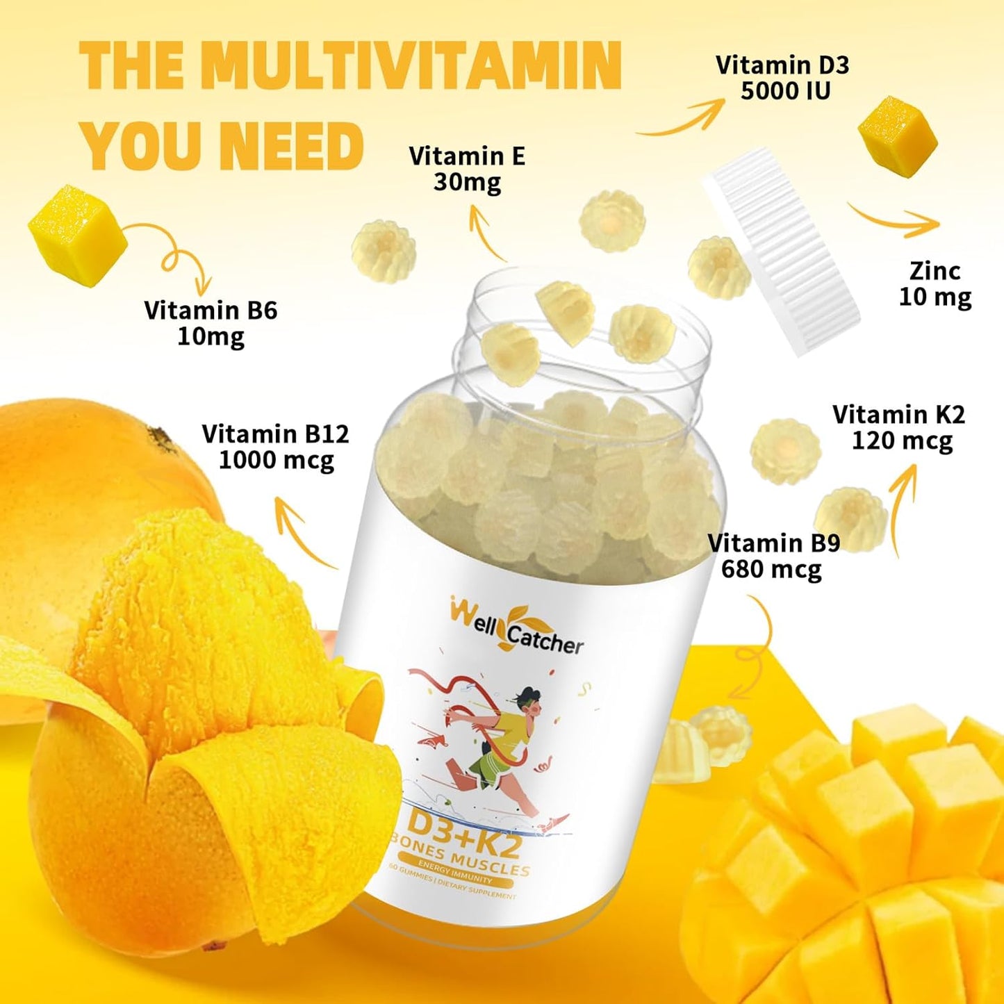 Vitamin D3 K2 Gummies with Vitamin B Complex for Bone Strength - Mango Flavor, 120mcg K2 (MK-7), 5000IU D3, Sugar Free - 60 Counts x 2 Packs for Adults & Kids