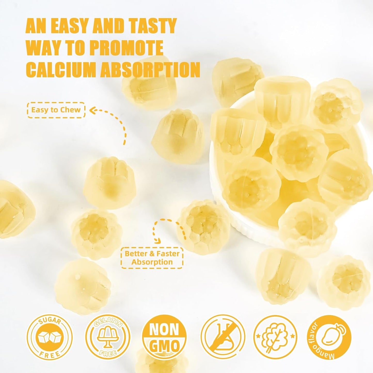 Vitamin D3 K2 Gummies with Vitamin B Complex for Bone Strength - Mango Flavor, 120mcg K2 (MK-7), 5000IU D3, Sugar Free - 60 Counts x 2 Packs for Adults & Kids