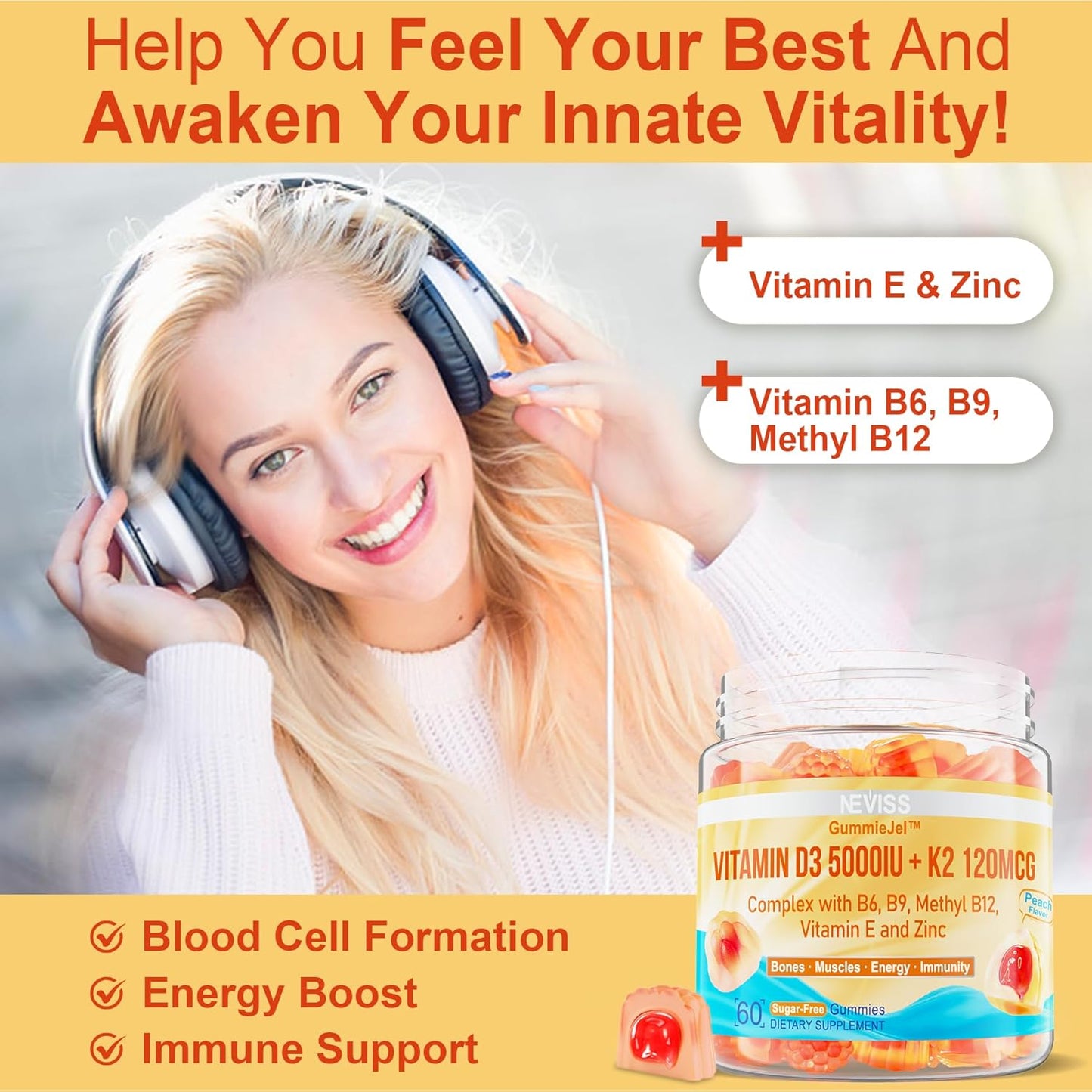 Vitamin D3 K2 Gummies with Vitamin B100 Complex for Immune Support & Energy Boost