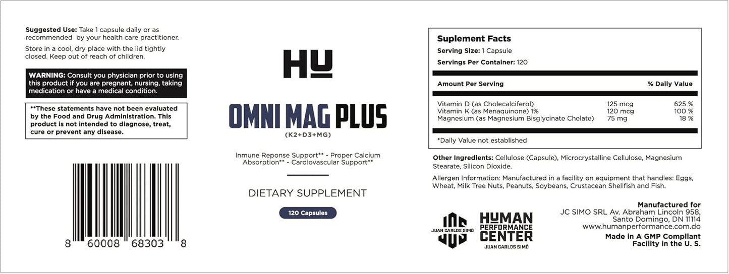 Vitamin D3, K2, & Magnesium Supplement - 5,000 IU D3, 120 mcg K2 (MK7), 75mg Mg - 120 Capsules
