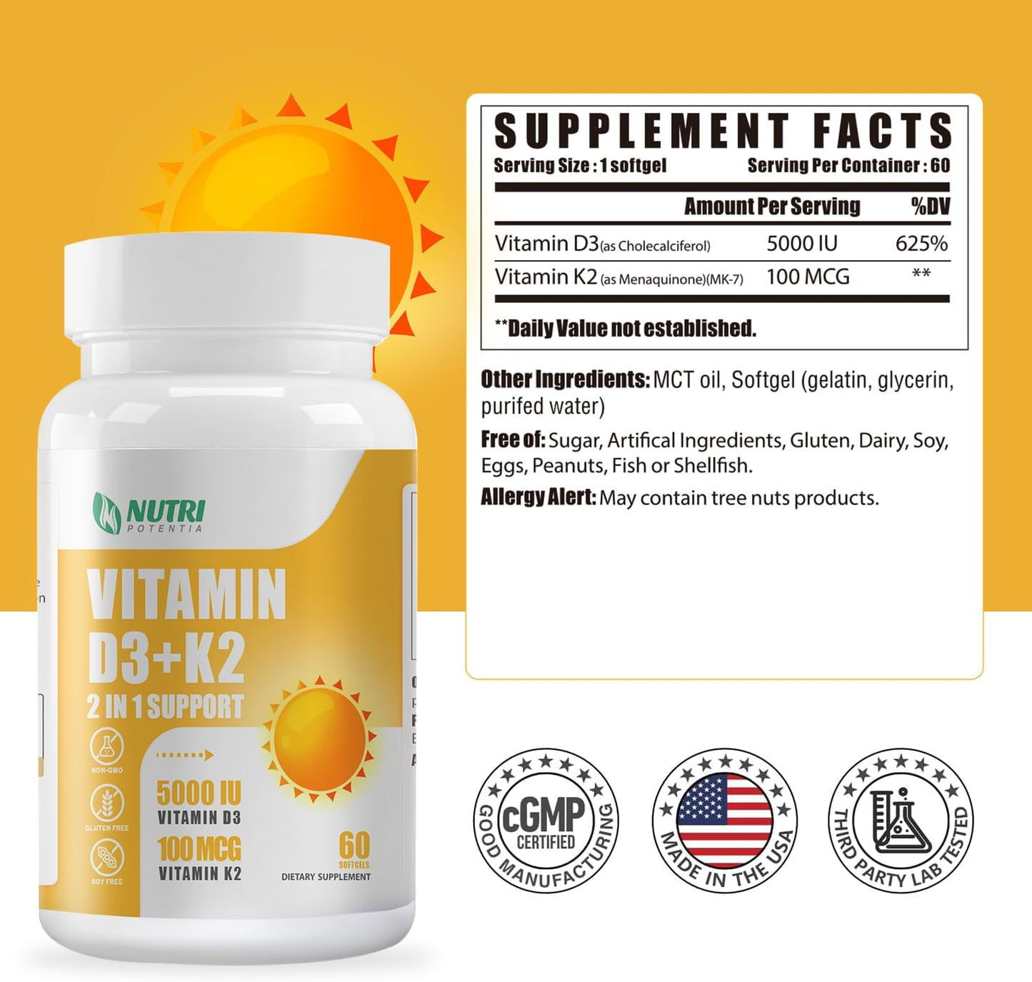Vitamin D3 K2 Softgels with MCT Oil for Bone and Heart Health - 60 Count, Gluten Free