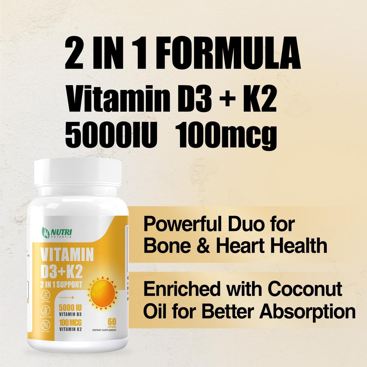 Vitamin D3 K2 Softgels with MCT Oil for Bone and Heart Health - 60 Count, Gluten Free