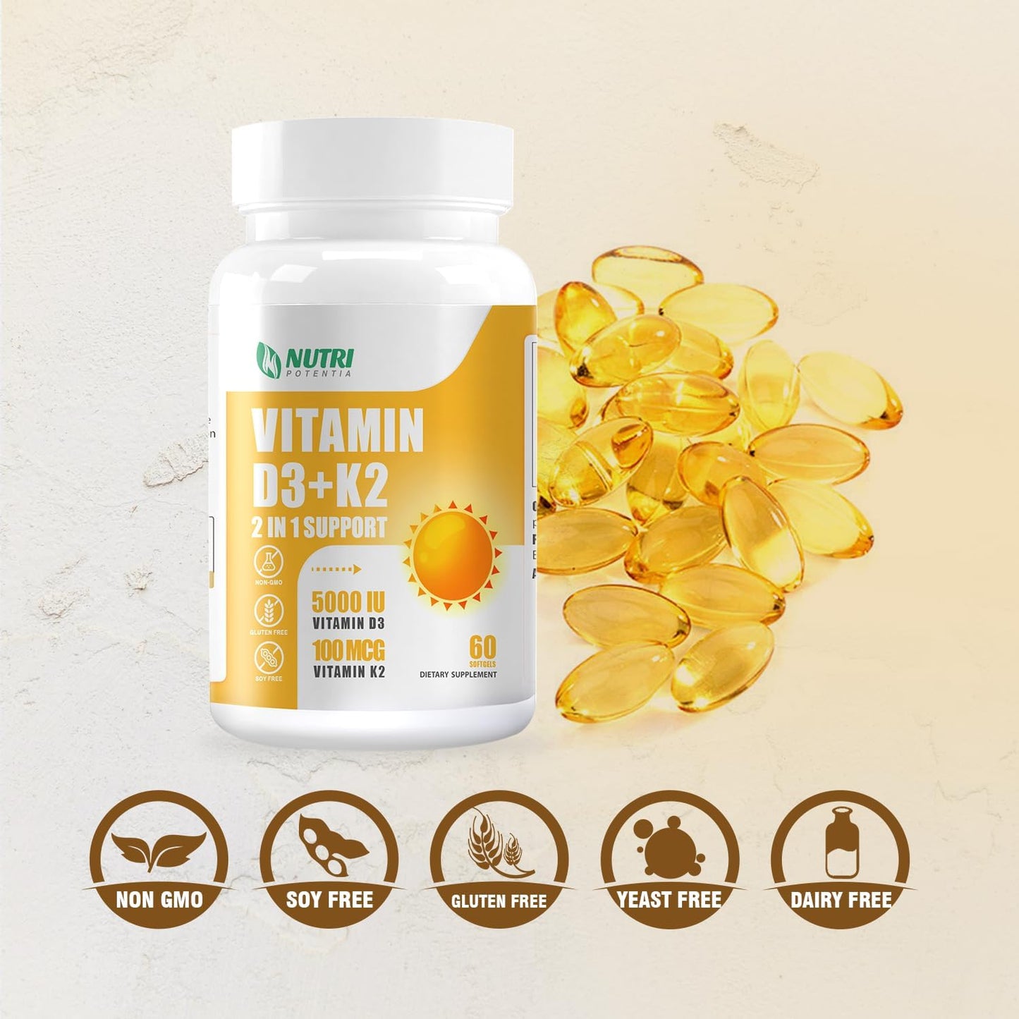 Vitamin D3 K2 Softgels with MCT Oil for Bone and Heart Health - 60 Count, Gluten Free