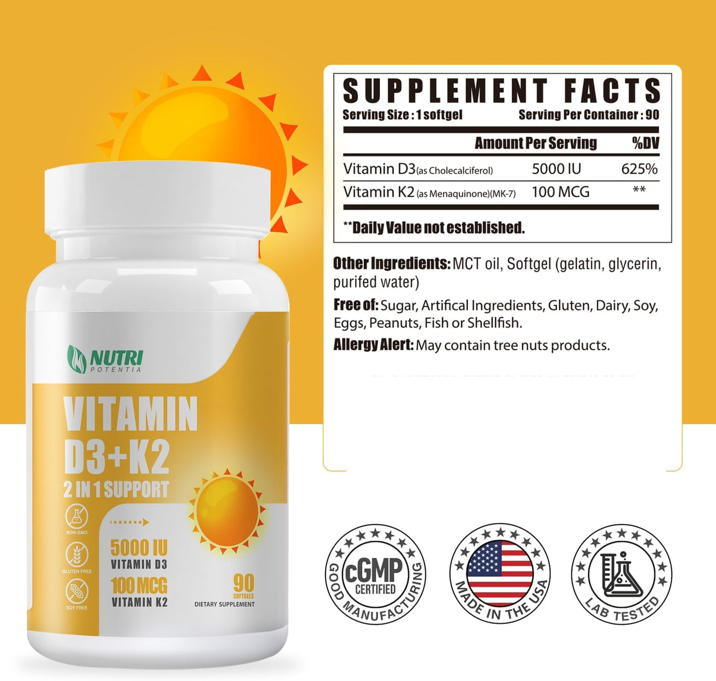 Vitamin D3 K2 Softgels with MCT Oil & Magnesium Complex Supplement for Bone, Heart, Muscle, Nervous System Support - Non-GMO