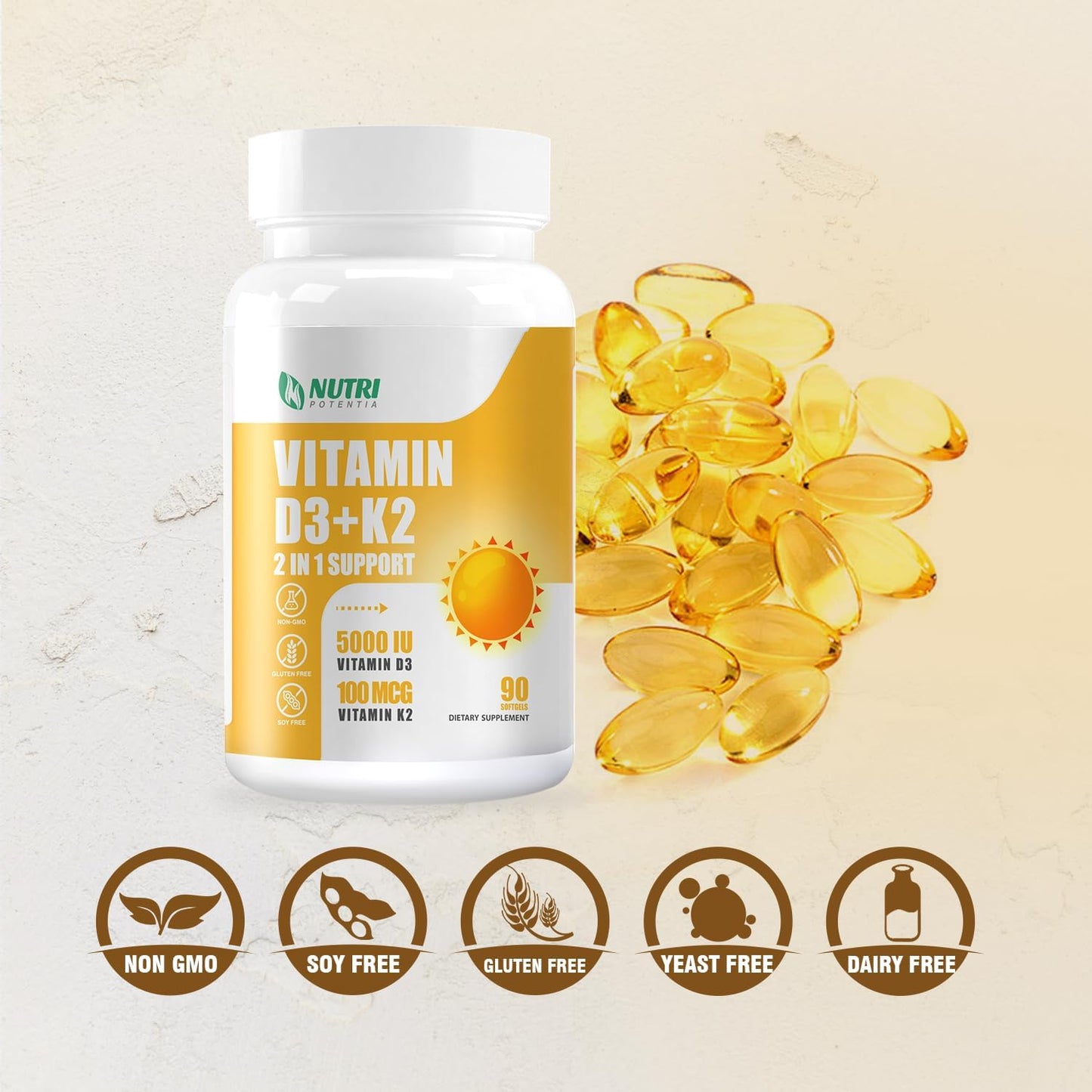 Vitamin D3 K2 Softgels with MCT Oil & Magnesium Complex Supplement for Bone, Heart, Muscle, Nervous System Support - Non-GMO