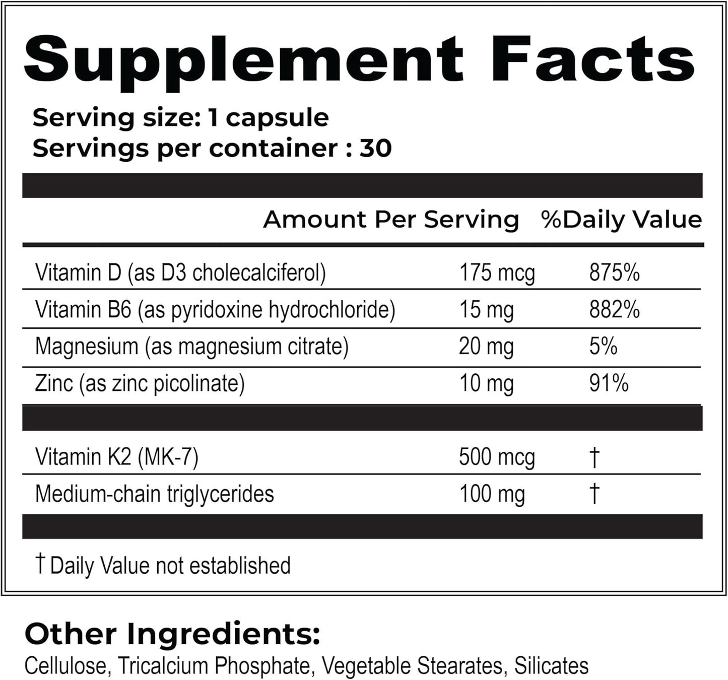 Vitamin D3 + K2 Supplement for Bone Health & Immune Support - 7000 IU D3 + 500 MCG K2 - with B6, Magnesium & Zinc - Gluten Free, Vegan - 30 Veg Caps