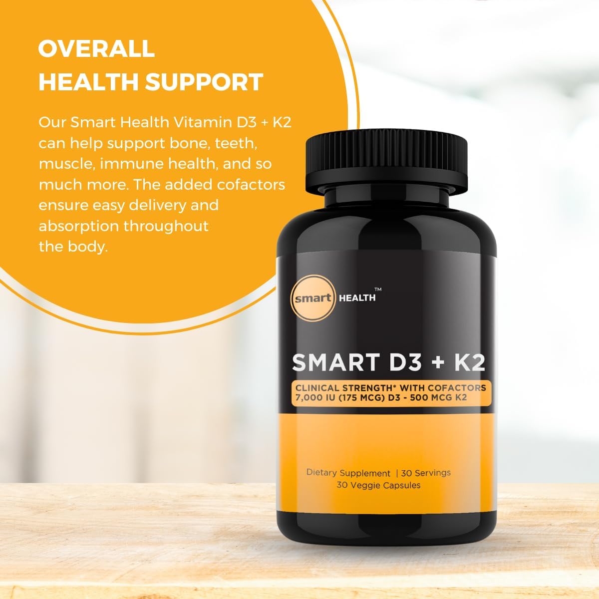 Vitamin D3 + K2 Supplement for Bone Health & Immune Support - 7000 IU D3 + 500 MCG K2 - with B6, Magnesium & Zinc - Gluten Free, Vegan - 30 Veg Caps