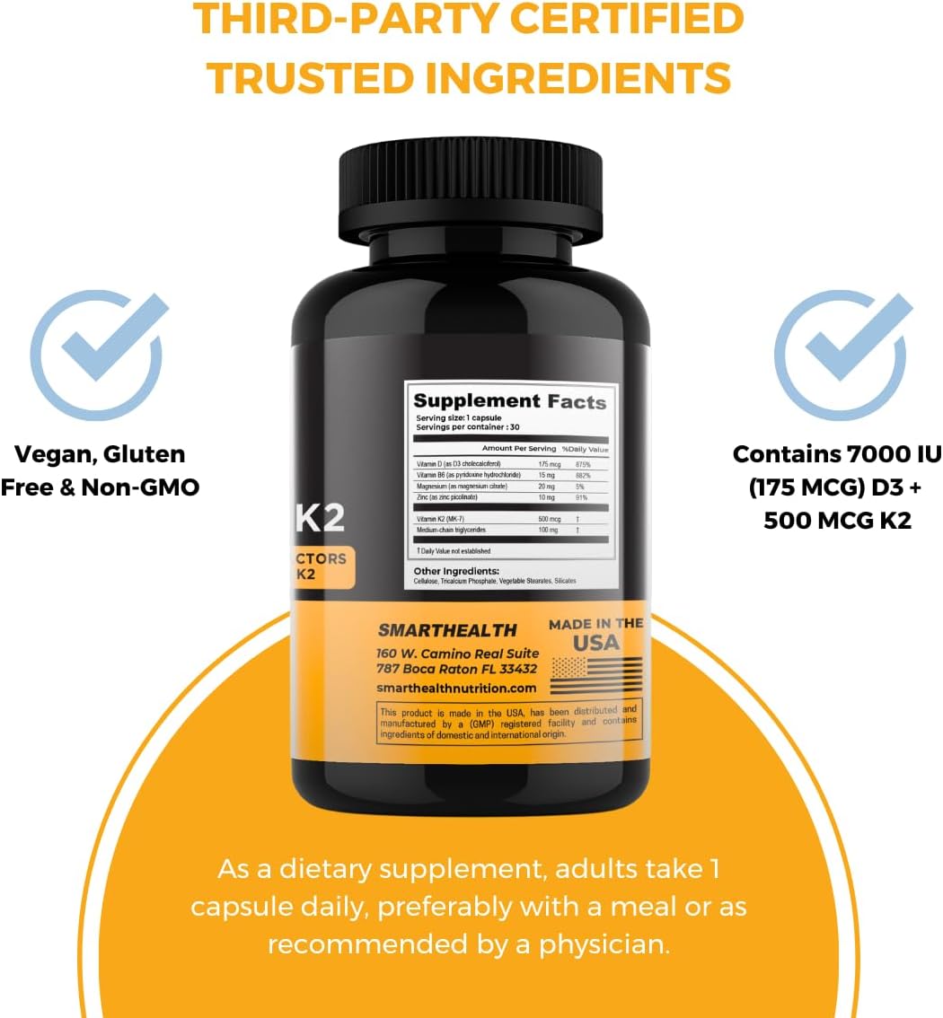 Vitamin D3 + K2 Supplement for Bone Health & Immune Support - 7000 IU D3 + 500 MCG K2 - with B6, Magnesium & Zinc - Gluten Free, Vegan - 30 Veg Caps
