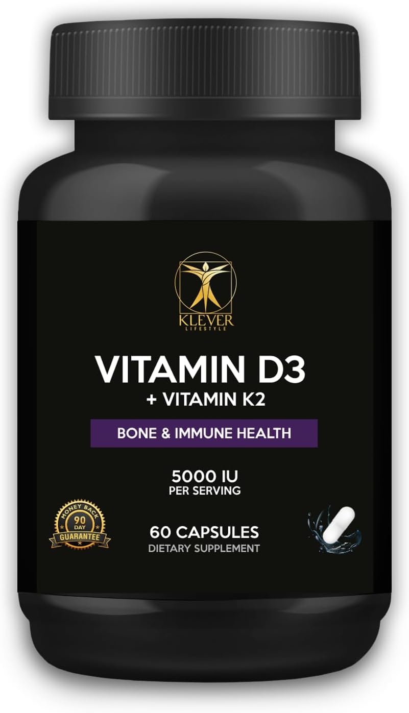 Vitamin D3 & K2 Supplement for Bone, Joint, and Immune Health - 60 Capsules, 5000 UI per Serving