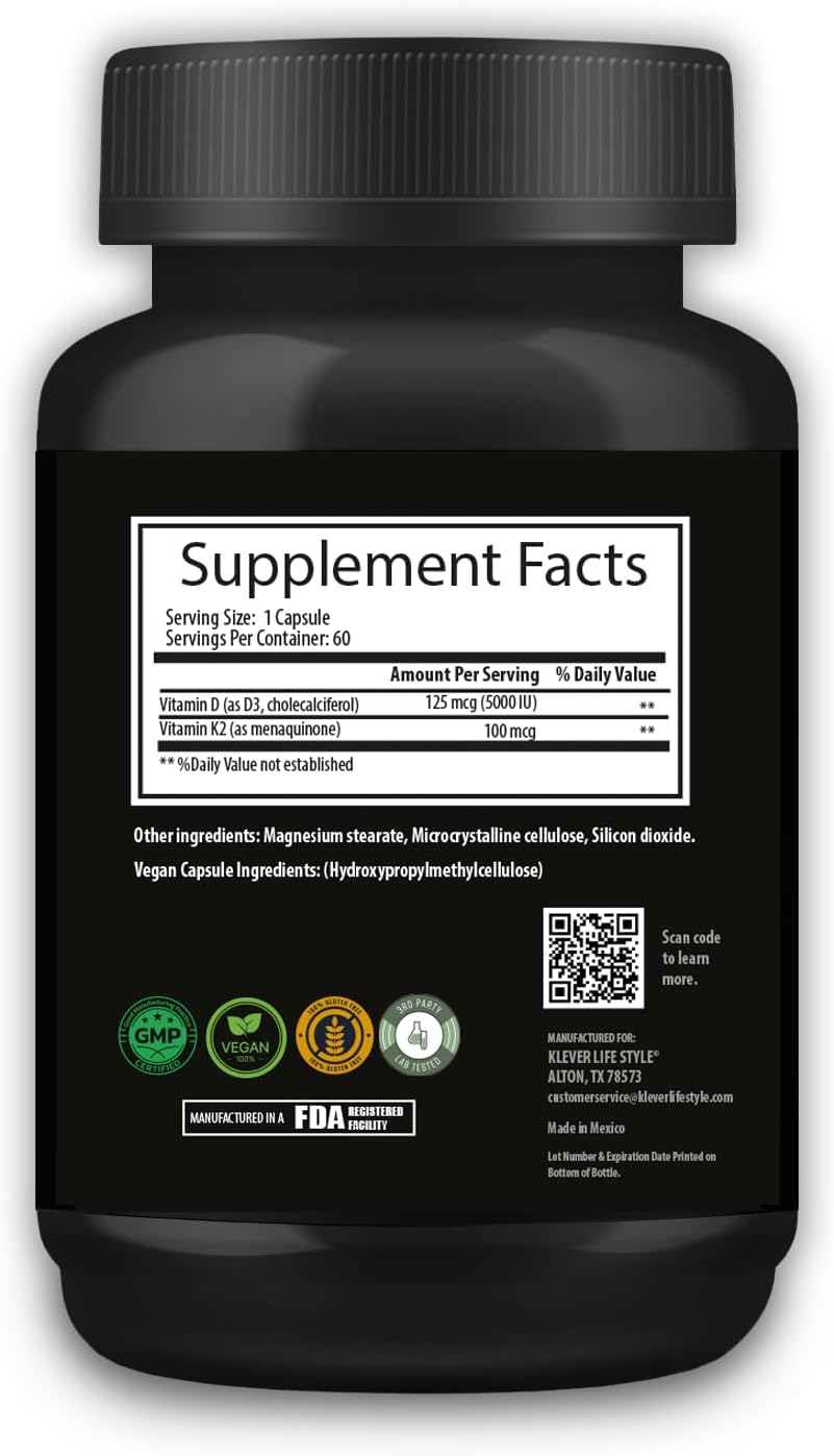 Vitamin D3 & K2 Supplement for Bone, Joint, and Immune Health - 60 Capsules, 5000 UI per Serving