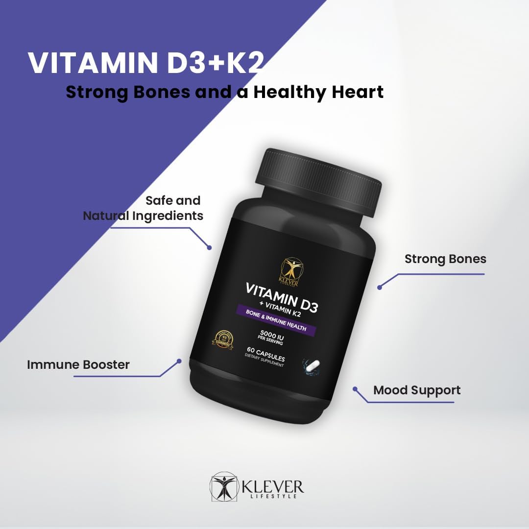 Vitamin D3 & K2 Supplement for Bone, Joint, and Immune Health - 60 Capsules, 5000 UI per Serving