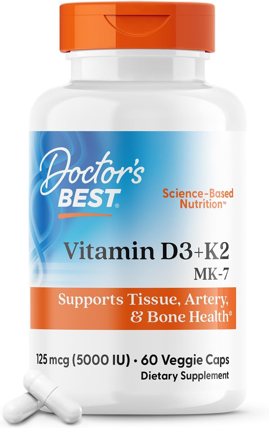 Vitamin D3 + K2 Supplement for Bone, Tissue, & Arterial Health - 5000 IU, 60 Veggie Caps, Non-GMO & Gluten Free
