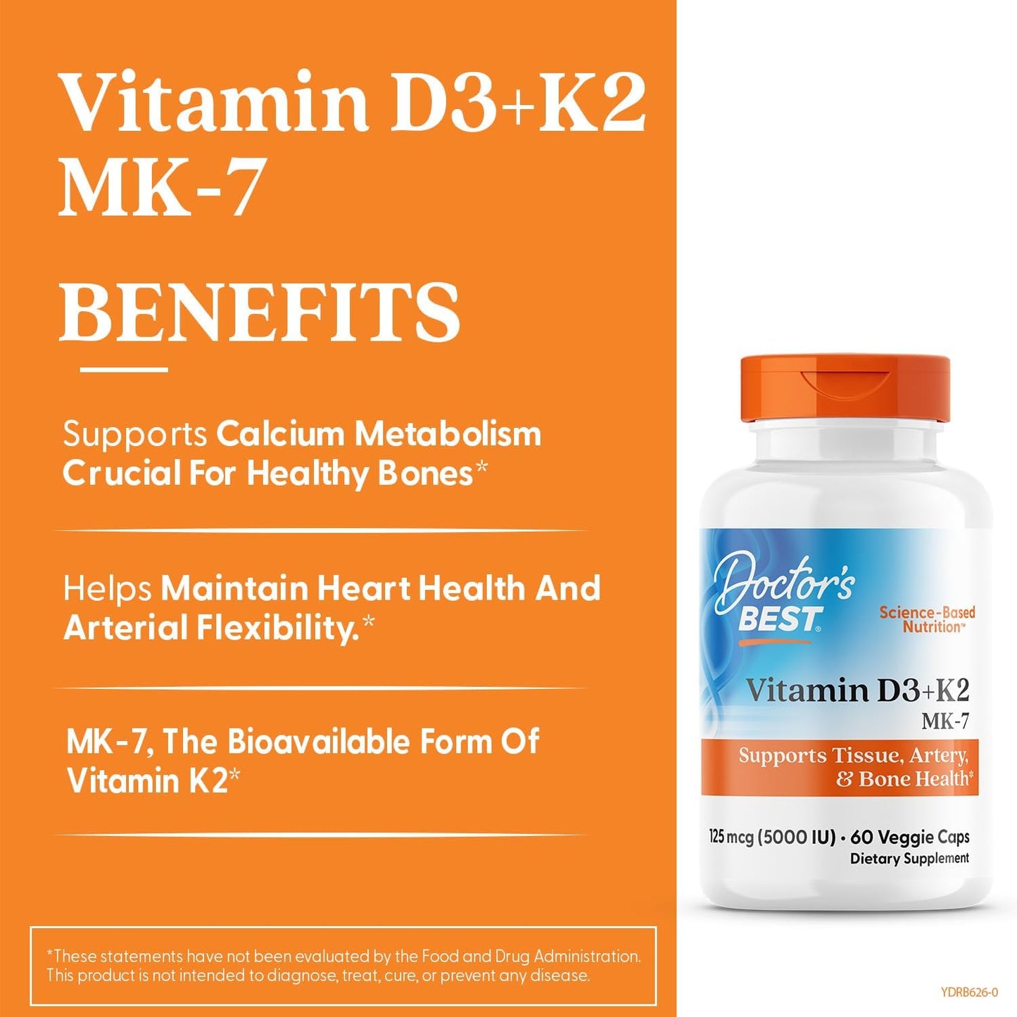 Vitamin D3 + K2 Supplement for Bone, Tissue, & Arterial Health - 5000 IU, 60 Veggie Caps, Non-GMO & Gluten Free