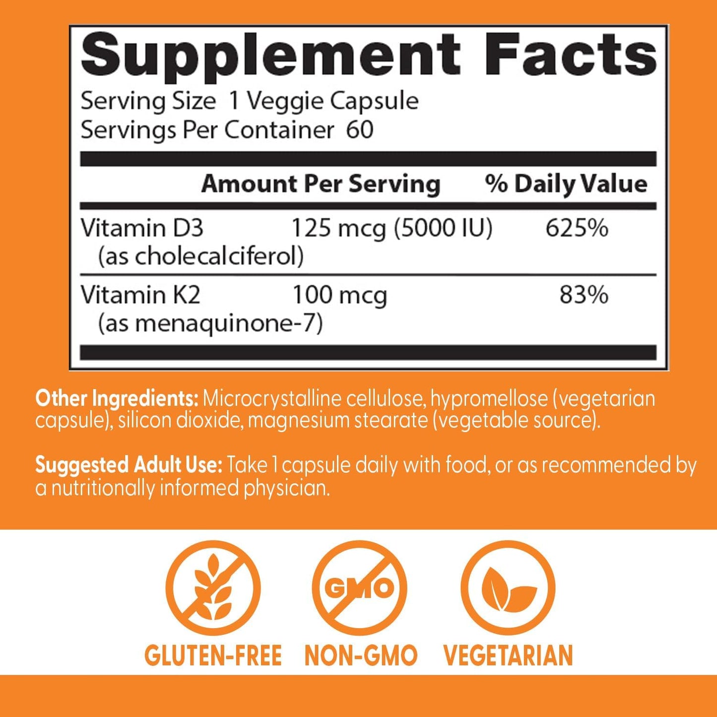 Vitamin D3 + K2 Supplement for Bone, Tissue, & Arterial Health - 5000 IU, 60 Veggie Caps, Non-GMO & Gluten Free