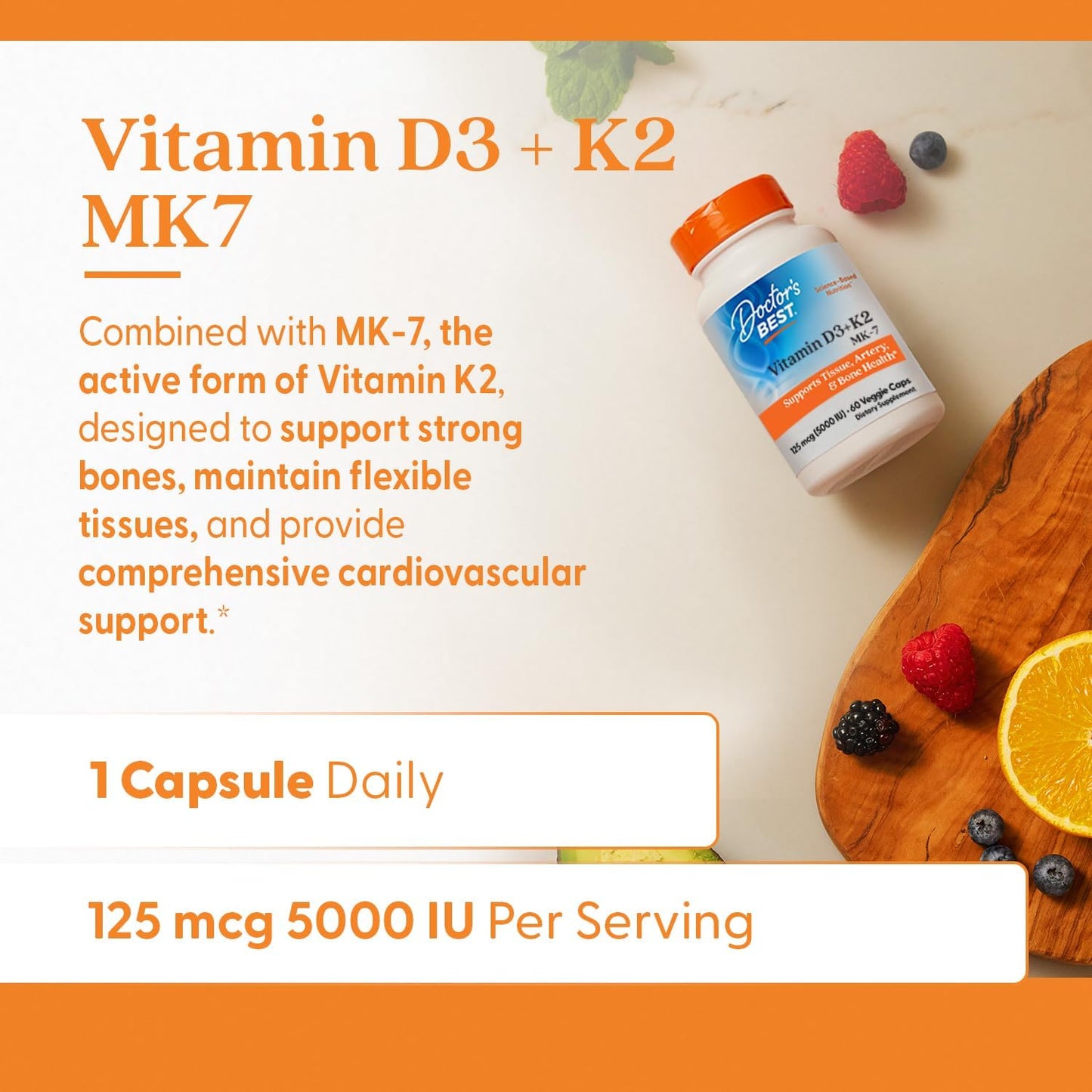Vitamin D3 + K2 Supplement for Bone, Tissue, & Arterial Health - 5000 IU, 60 Veggie Caps, Non-GMO & Gluten Free