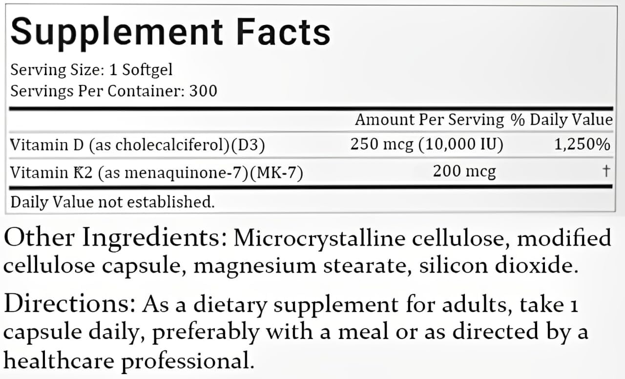Vitamin D3 K2 Supplement Softgel 10000 IU - Bone Health Support, Calcium Absorption - 2-in-1 Formula, 300 Gels