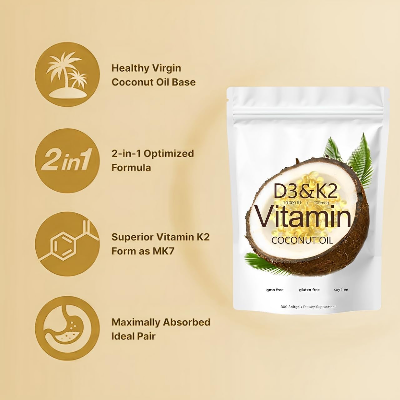 Vitamin D3 K2 Supplement Softgel 10000 IU - Bone Health Support, Calcium Absorption - 2-in-1 Formula, 300 Gels