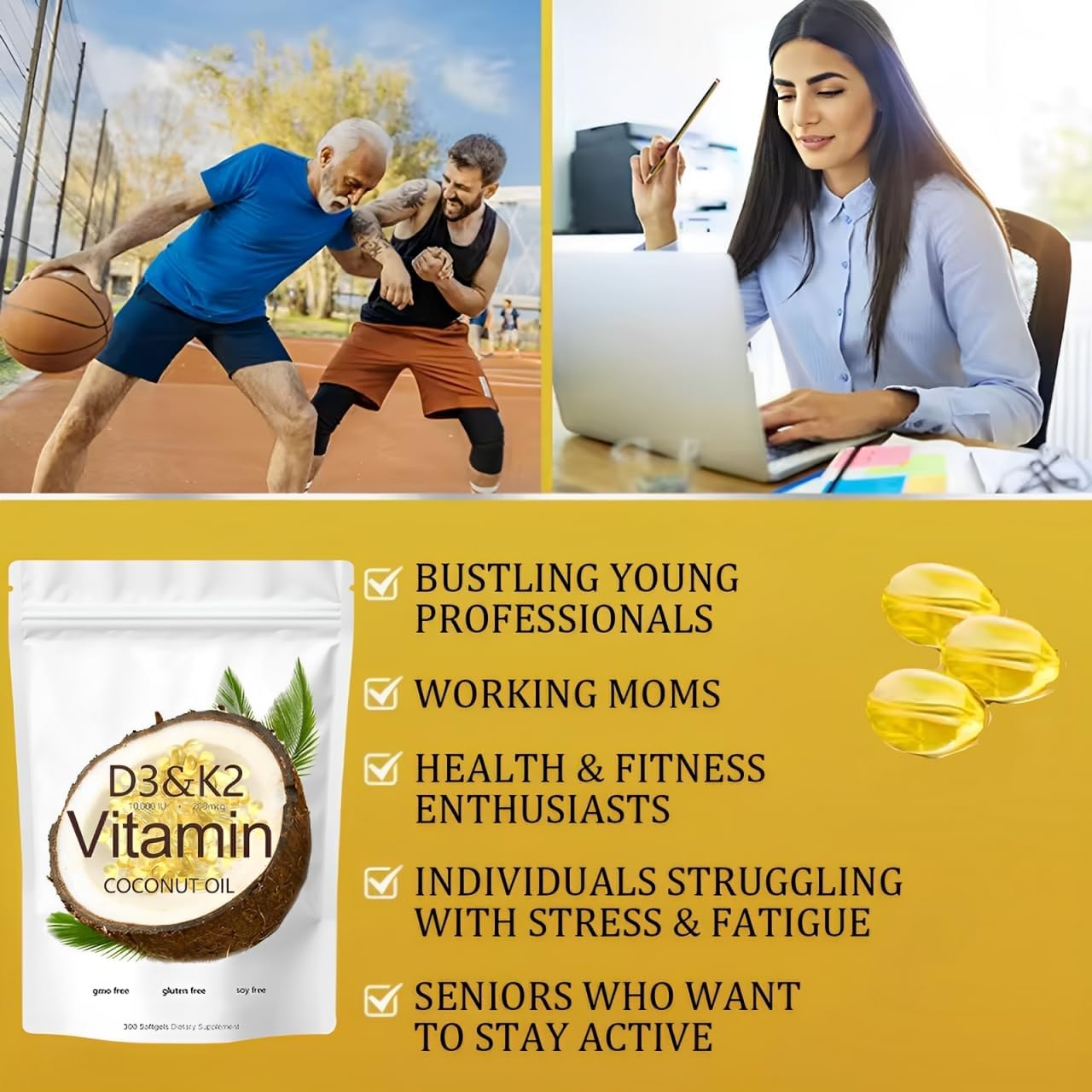 Vitamin D3 K2 Supplement Softgel 10000 IU - Bone Health Support, Calcium Absorption - 2-in-1 Formula, 300 Gels