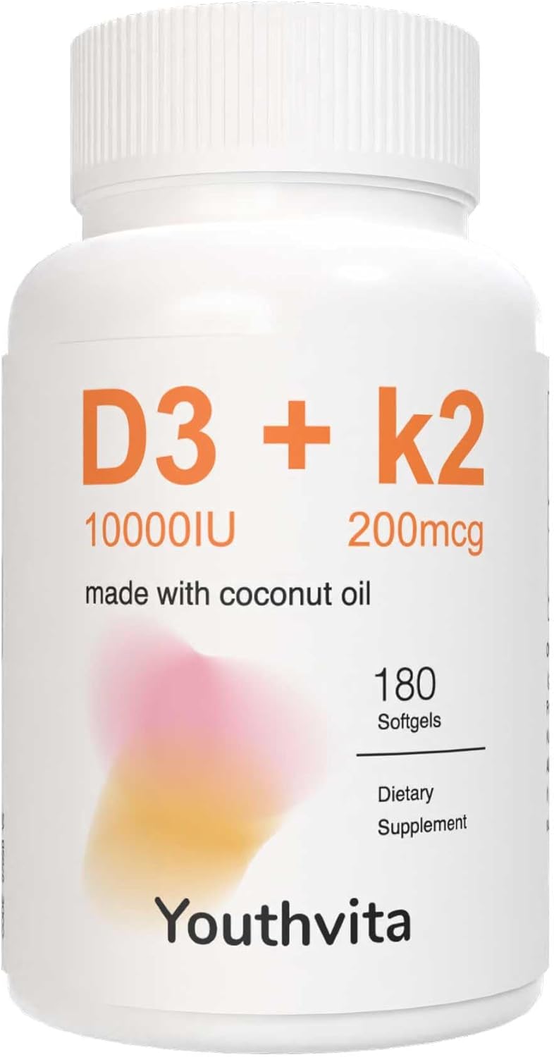 Vitamin D3 K2 Supplement Softgel with Coconut Oil - 10000 IU D3, 200 mcg K2 - Supports Bone, Immune & Heart Health - Calcium Absorption Boost