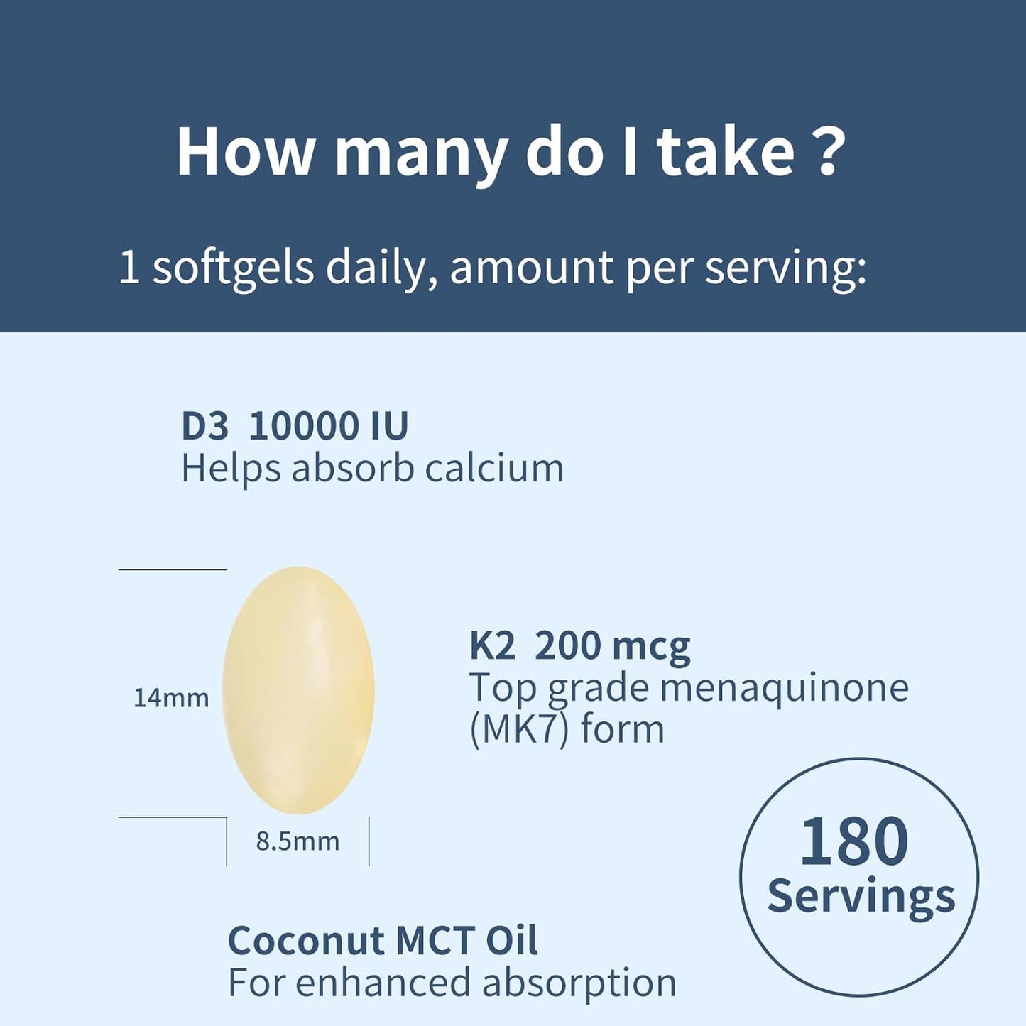 Vitamin D3 K2 Supplement Softgel with Coconut Oil - 10000 IU D3, 200 mcg K2 - Supports Bone, Immune & Heart Health - Calcium Absorption Boost
